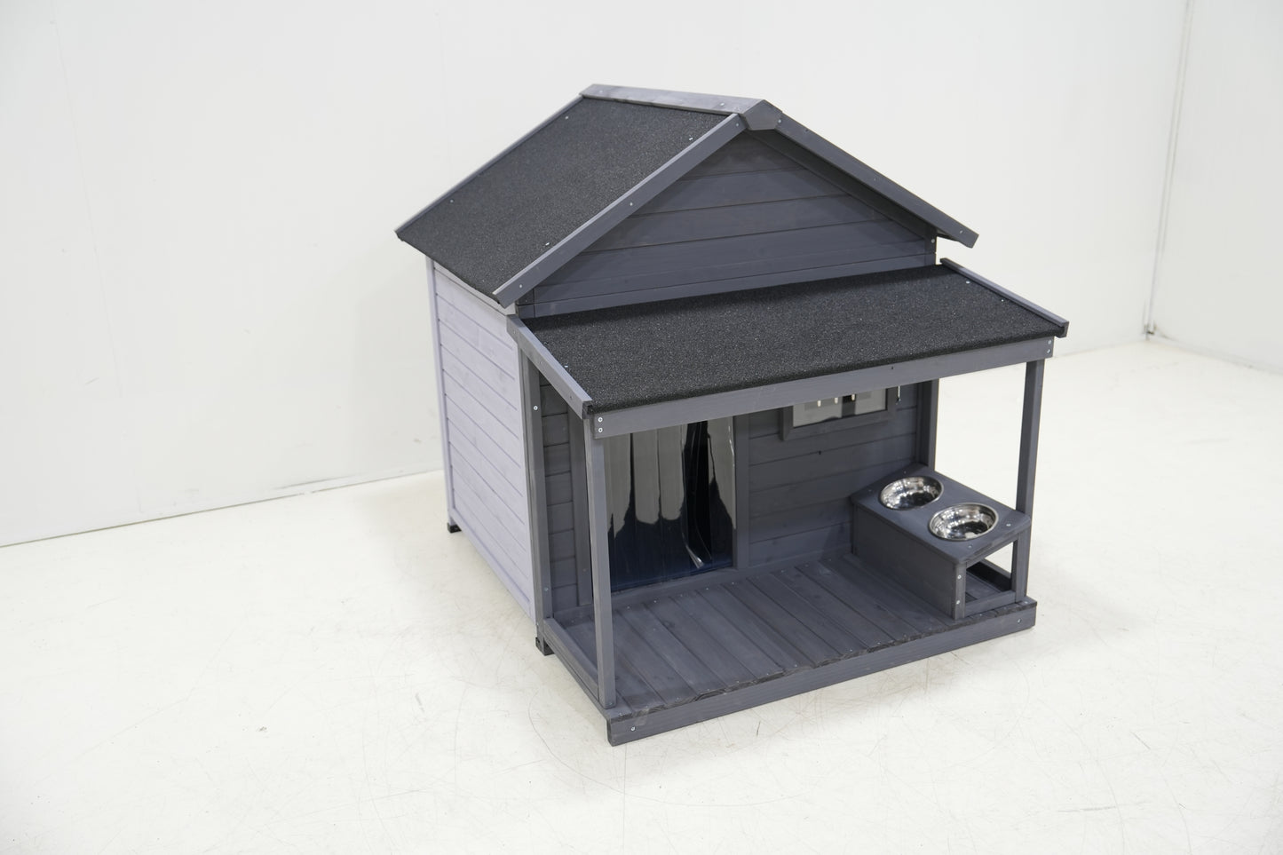 Large balcony dog house, length 44.2" x width 44.6 "x height 44.6" Solid wood asphalt roof dog house with large terrace, weatherproof large dog house, cleaning mat, feeding bowl