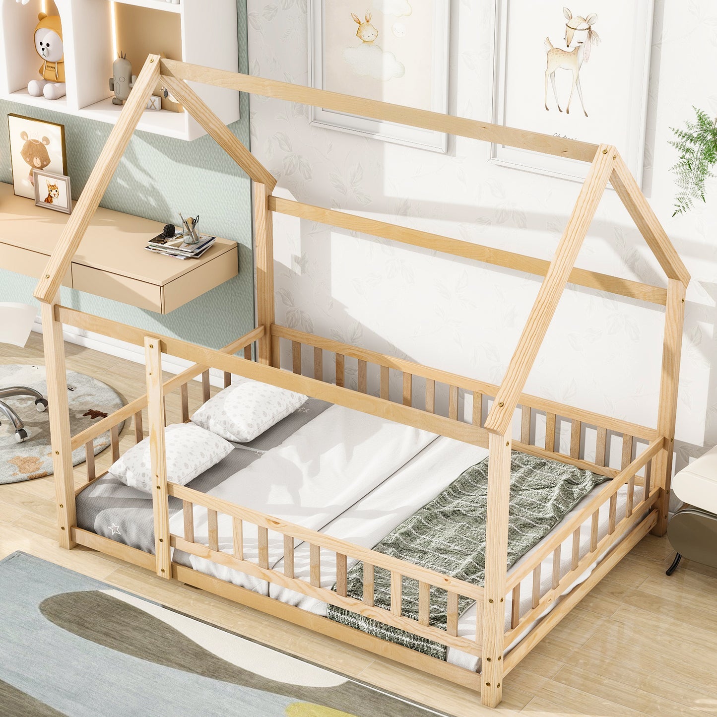 Full Size Floor Wooden Bed with House Roof Frame, Fence Guardrails ,Nartural(Old SKU:W504105242)