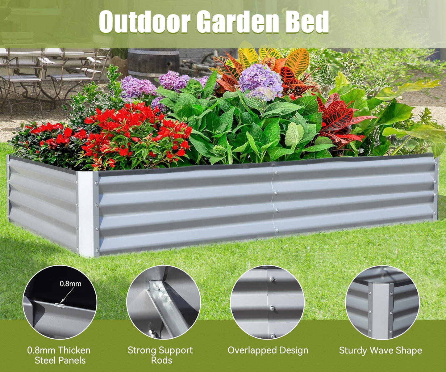 8x4x1 ft Galvanized Raised Garden Bed, Outdoor Planter Garden Boxes Large Metal Planter Box for Gardening Vegetables Fruits Flowers, Silver