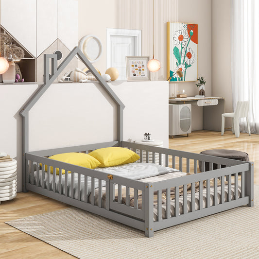 Full House-Shaped Headboard Floor Bed with Fence ,Grey