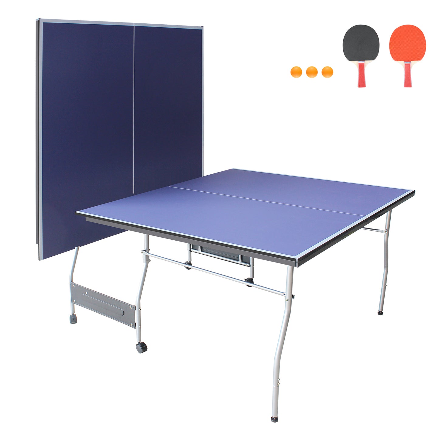 8ft Mid-Size Table Tennis Table Foldable & Portable Ping Pong Table Set for Indoor & Outdoor Games with Net, 2 Table Tennis Paddles and 3 Balls