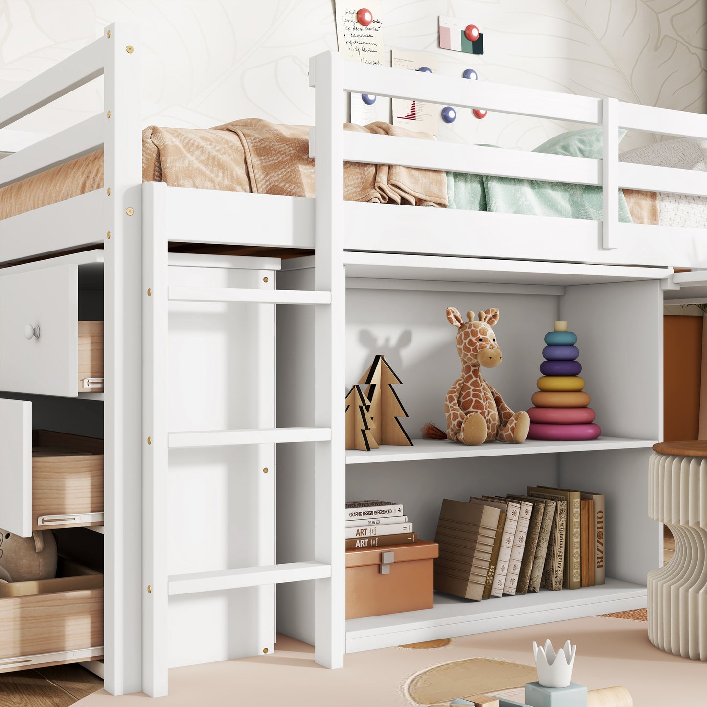 Twin Loft Bed w. stroage case ,drawers,Twin Loft Bed with ,Drawer Cabinet, Shelf Cabinet and Pulling -Out Desk,Rubber Wood Loft Bed with Safety Guardrail ,Ladder,White