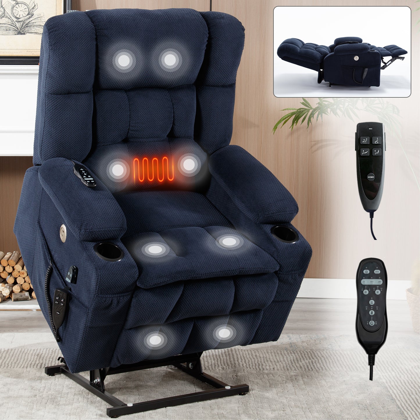 Blue Dual Motor Infinite Position Up to 350 LBS Chenille Power Lift Recliner Chair, Heavy Duty Motion Mechanism with 8-Point Vibration Massage and Lumbar Heating, Dual Cup Holders