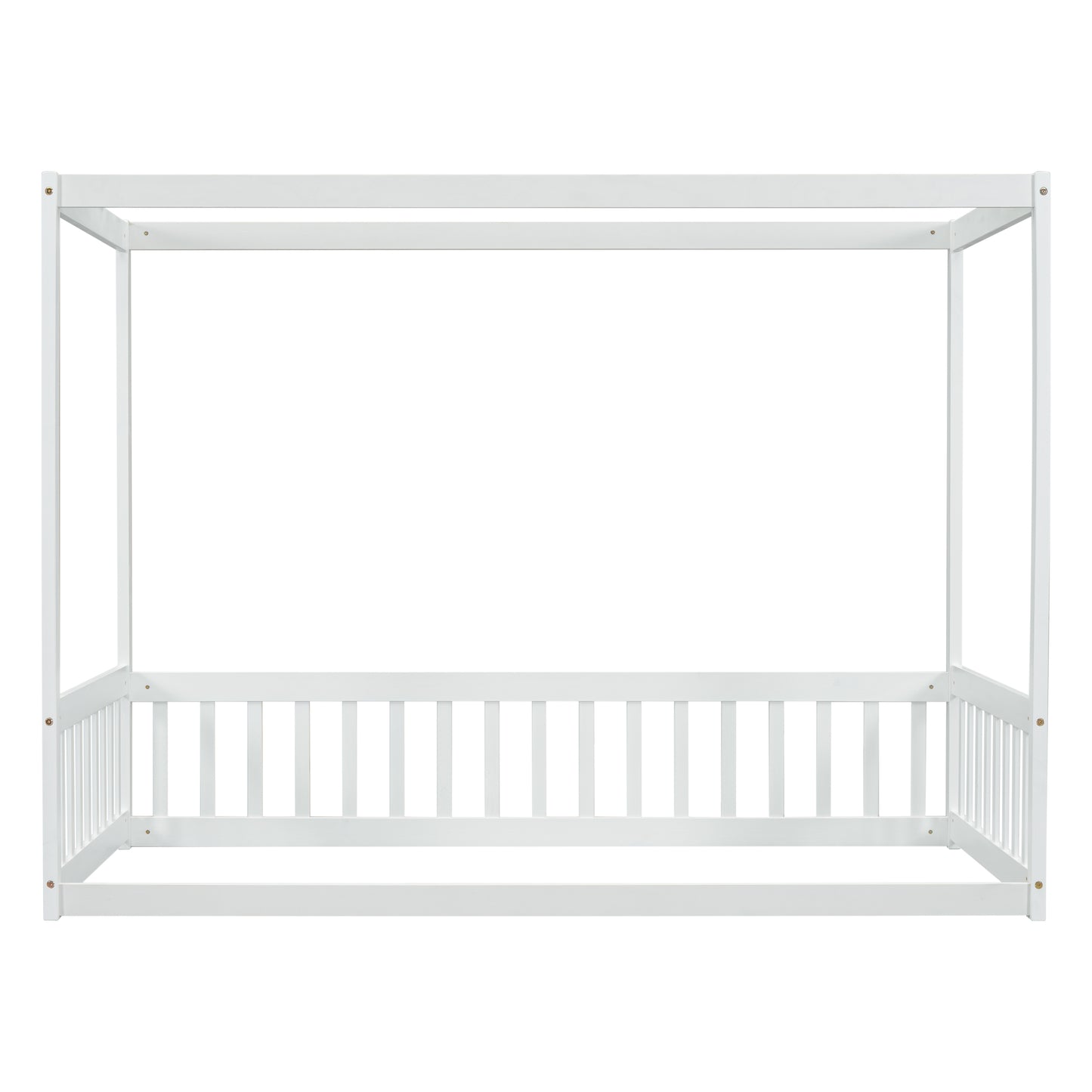 Twin Size Canopy Frame Floor Bed with Fence, Guardrails,White