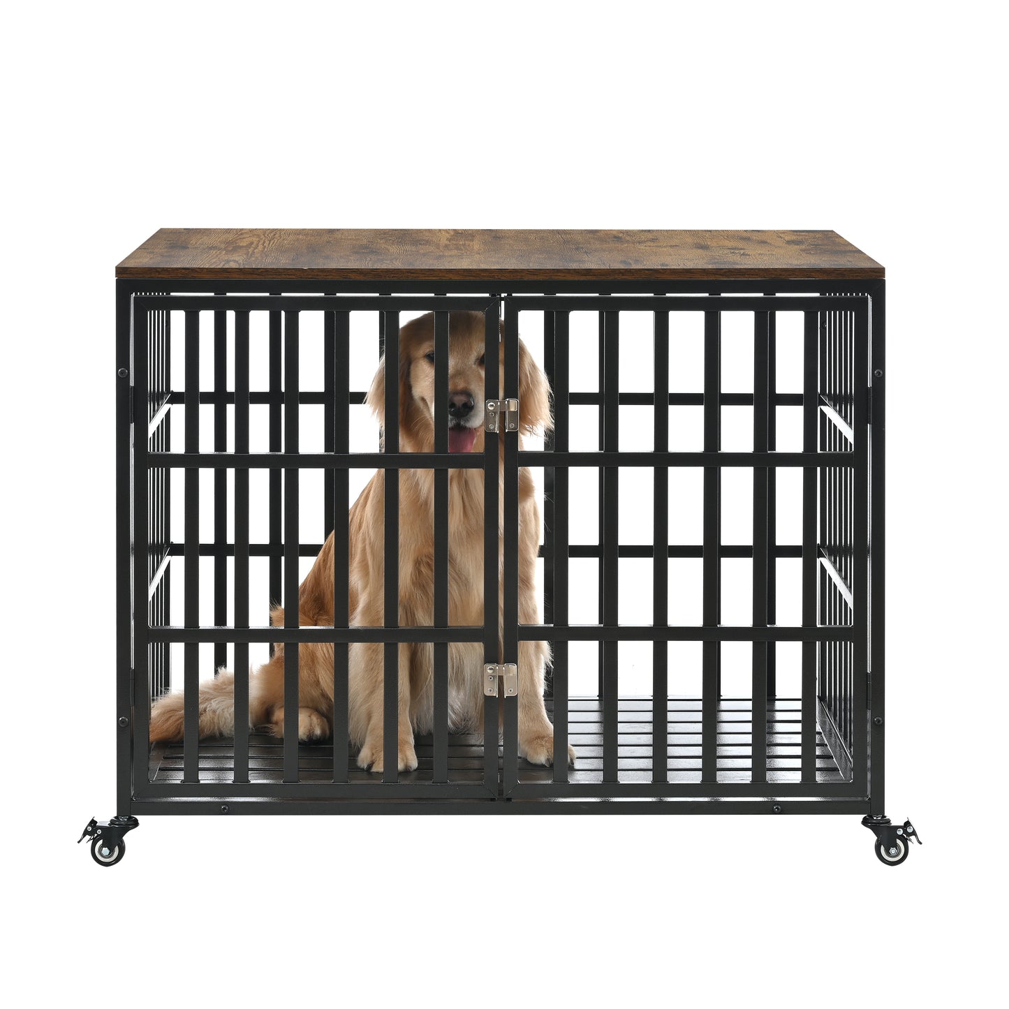 42" Heavy Duty Dog Crate for Large Medium Dogs, Furniture Style cage with 4 Lockable Wheels and 2 Locks, Decorative Pet House Wooden Cage Kennel Furniture Indoor