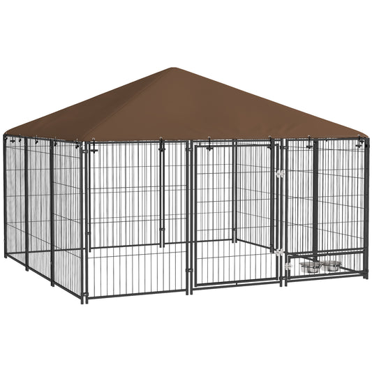 PawHut Outside Dog Kennel, 6.9' x 6.9' x 5' Puppy Play Pen with Canopy, Garden Playpen Fence Crate Enclosure Cage Rotating Bowl, Coffee