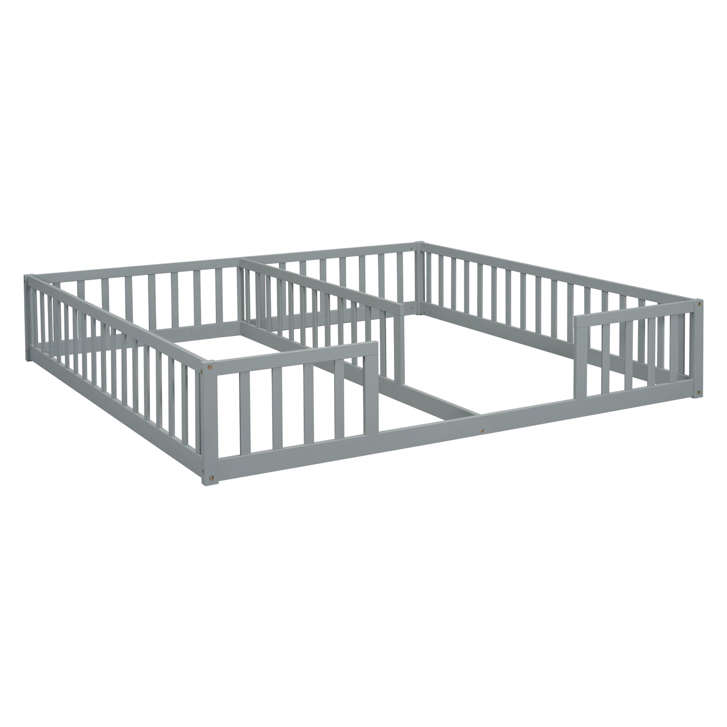 Double Twin Floor Bed with Fence, Guardrails, without door, Grey