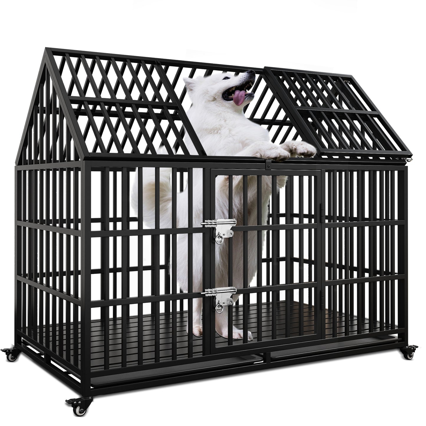 54" Heavy Duty Dog Crate Large Dog cage Strong Metal Dog Kennels and Crates for Large Dogs Top Open with 2 Doors 4 Lockable Wheels 2 Removable Trays