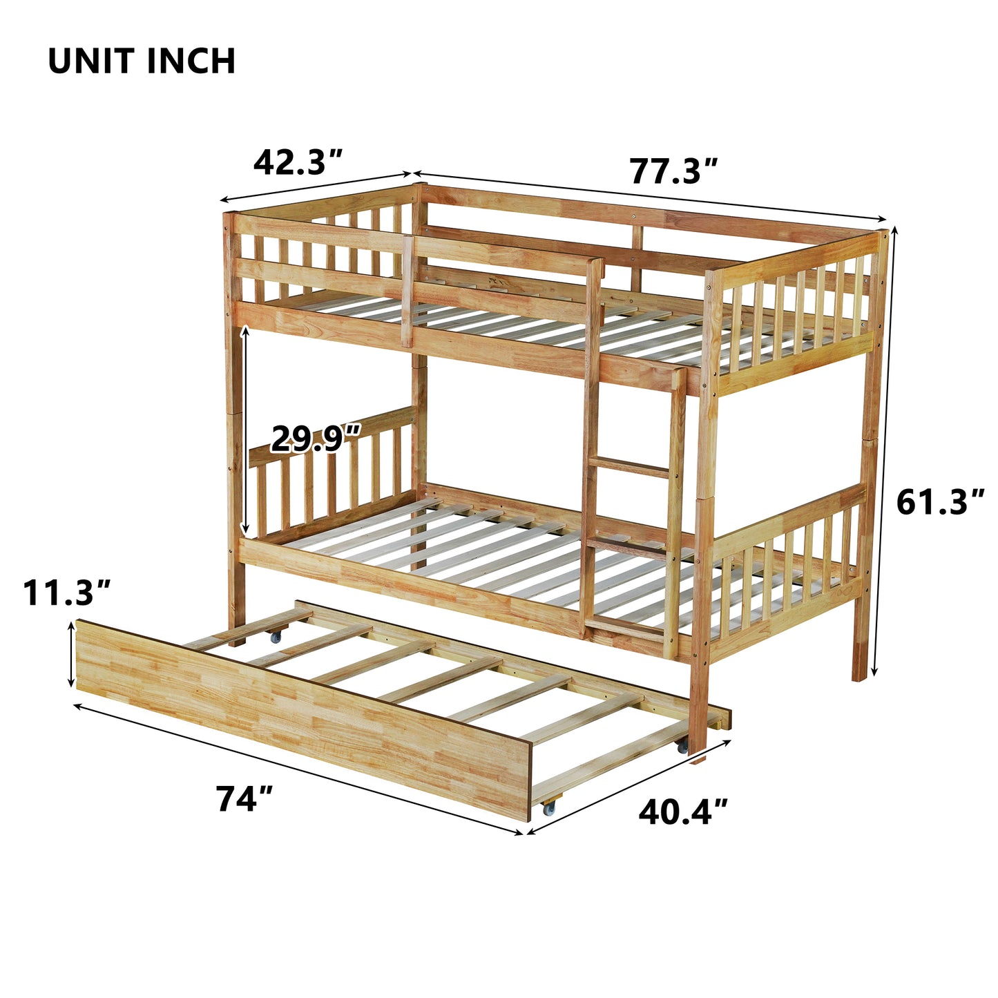 Twin Over Twin Rubber Wood Bunk Bed with Trundle, Convertible into 2 Twin Size Beds, Twin Size Bunk Bed with Ladder and Safety Guardrails,Natural