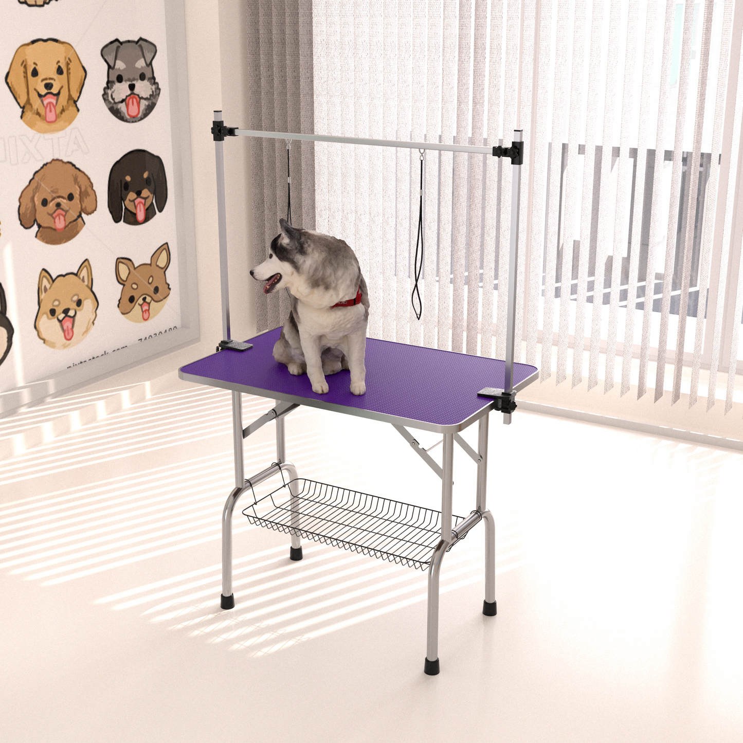 36" Folding Dog Pet Grooming Table Stainless Steel Frame Rubber Mat on Board with Adjustable Arm and Clamps pet dog Cat Grooming Table (PURPLE COLOR)