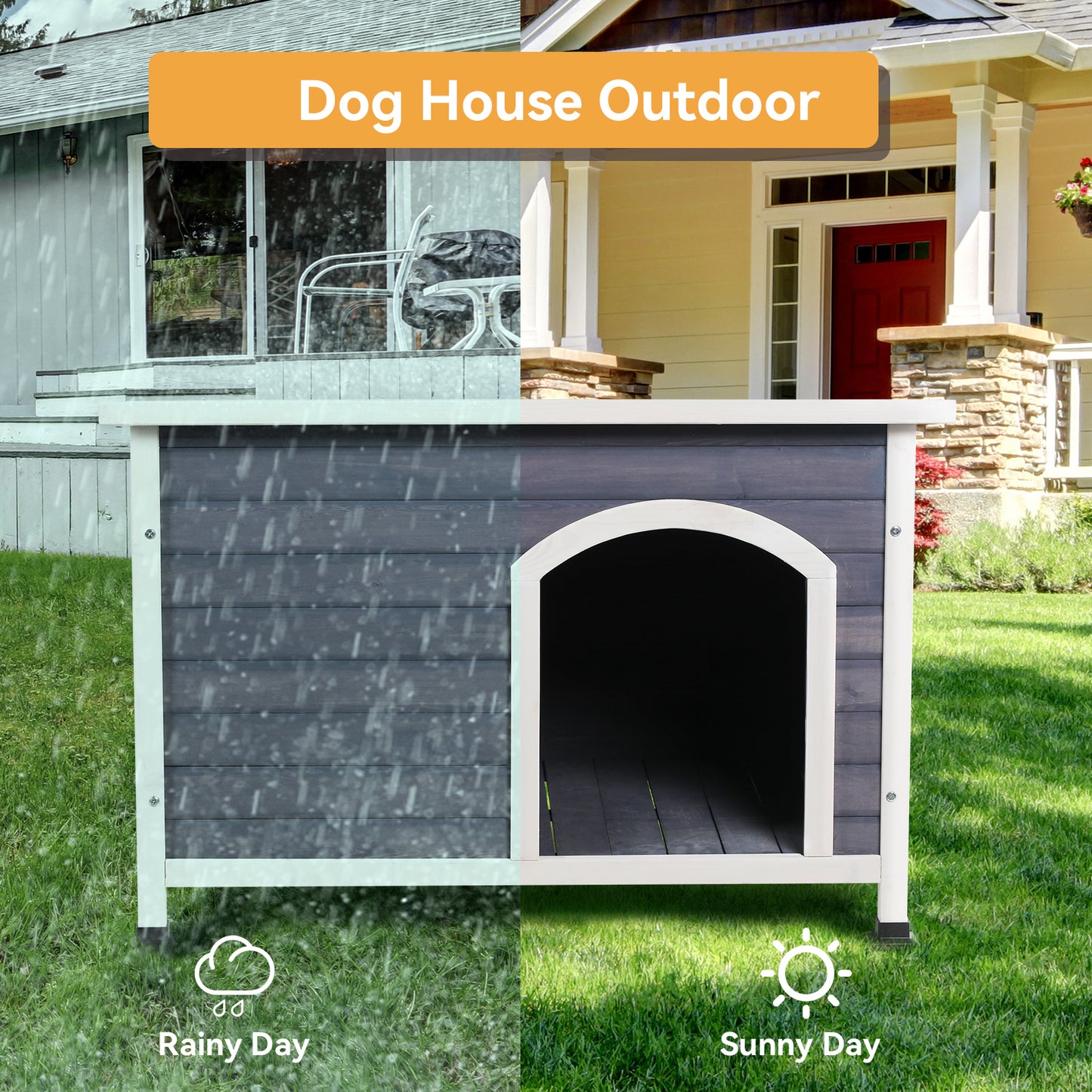 Medium Wooden Outdoor Dog House, Waterproof Roof, Elevated Floor, Grey