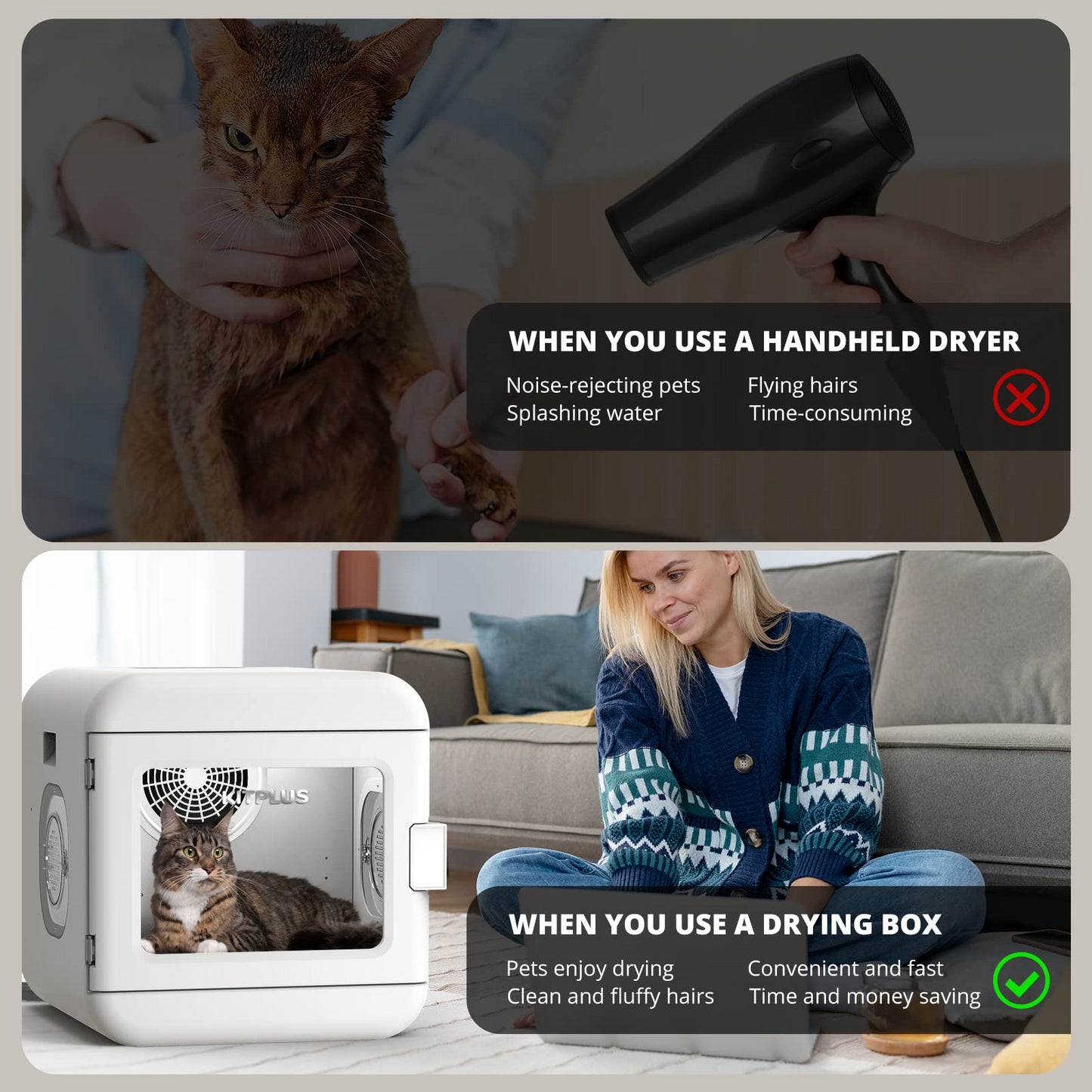 Pet Hair Dryer Box, Ultra Quiet Blow Dryer 6L Capacity for Cats and Small Dogs, Professional Fast Drying Blower, Intelligent Control, Adjustable Temperature and Time, 360 Degree Warm Wind