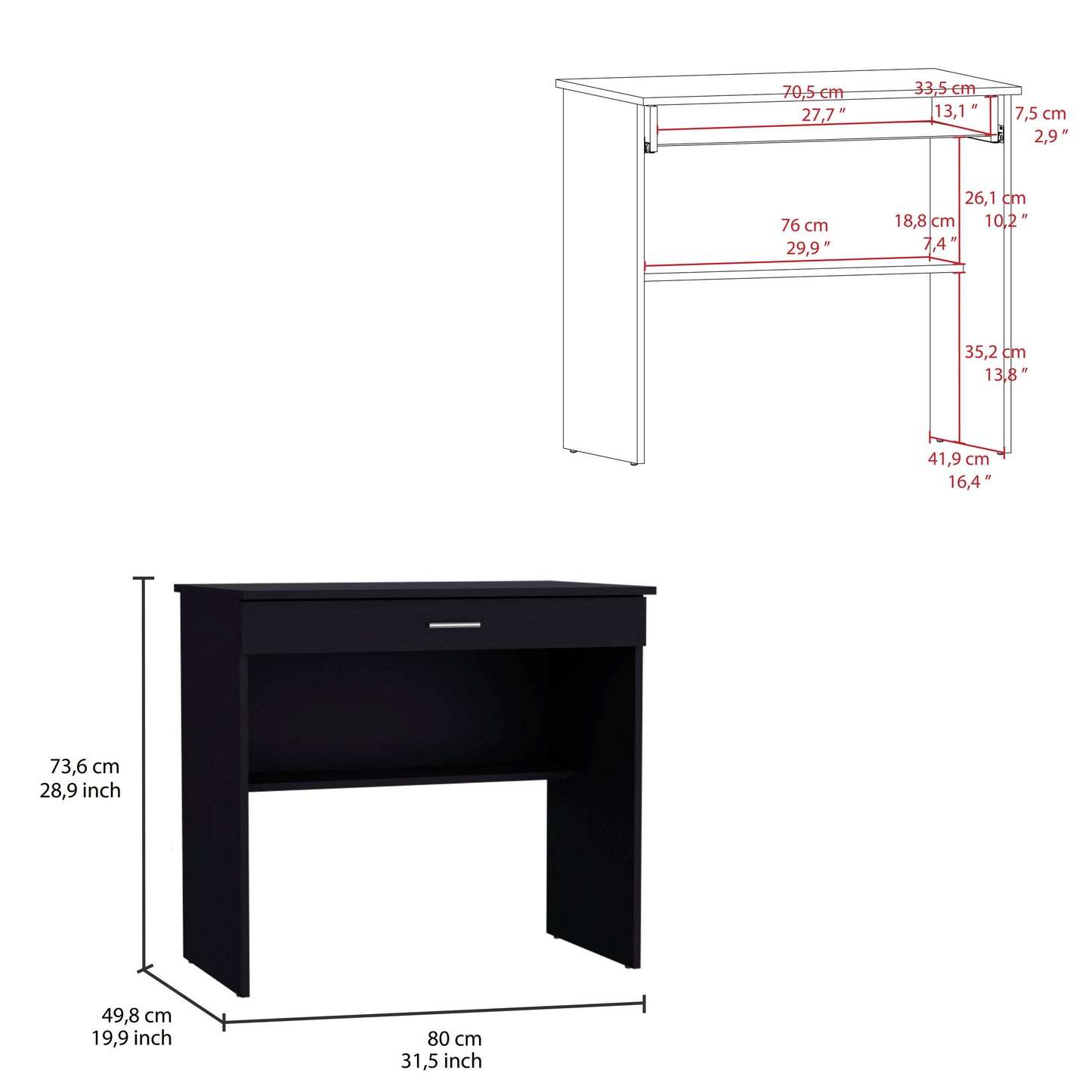 80 C Writting Desk, Compact Workstation with Drawer and Lower Shelf