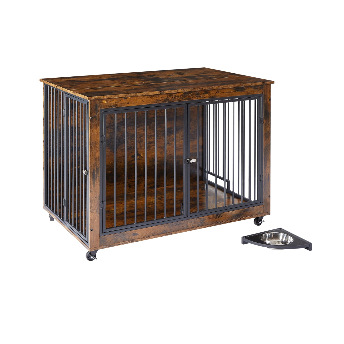 Furniture Style Dog Crate Side Table With Rotatable Feeding Bowl, Wheels, Three Doors, Flip-Up Top Opening. Indoor, Rustic Brown, 43.7"W x 30"D x 33.7"H