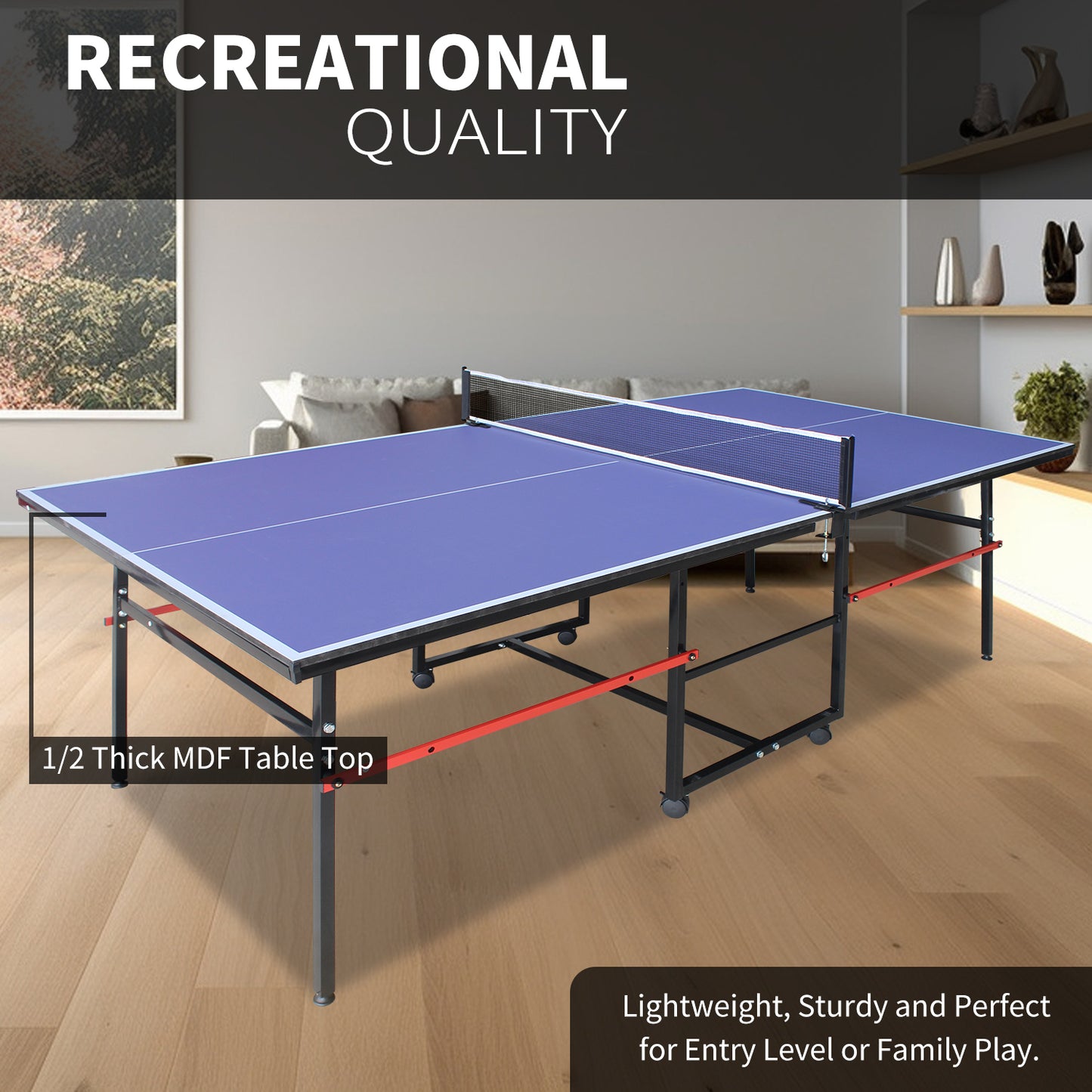 8ft Mid-Size Table Tennis Table Foldable & Portable Ping Pong Table Set for Indoor & Outdoor Games with Net, 2 Table Tennis Paddles and 3 Balls