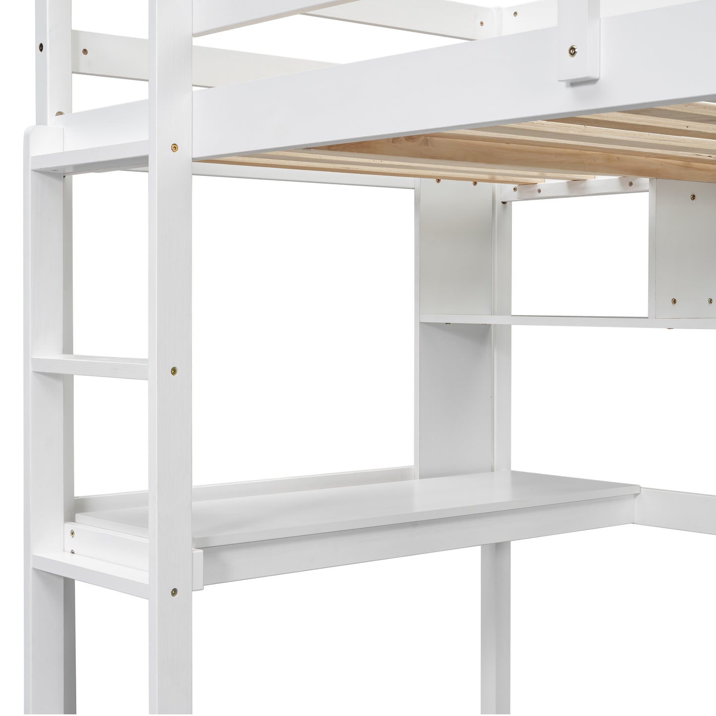 Twin Size Loft Bed with desk and shelves, Safety Guardrail and ladder,White