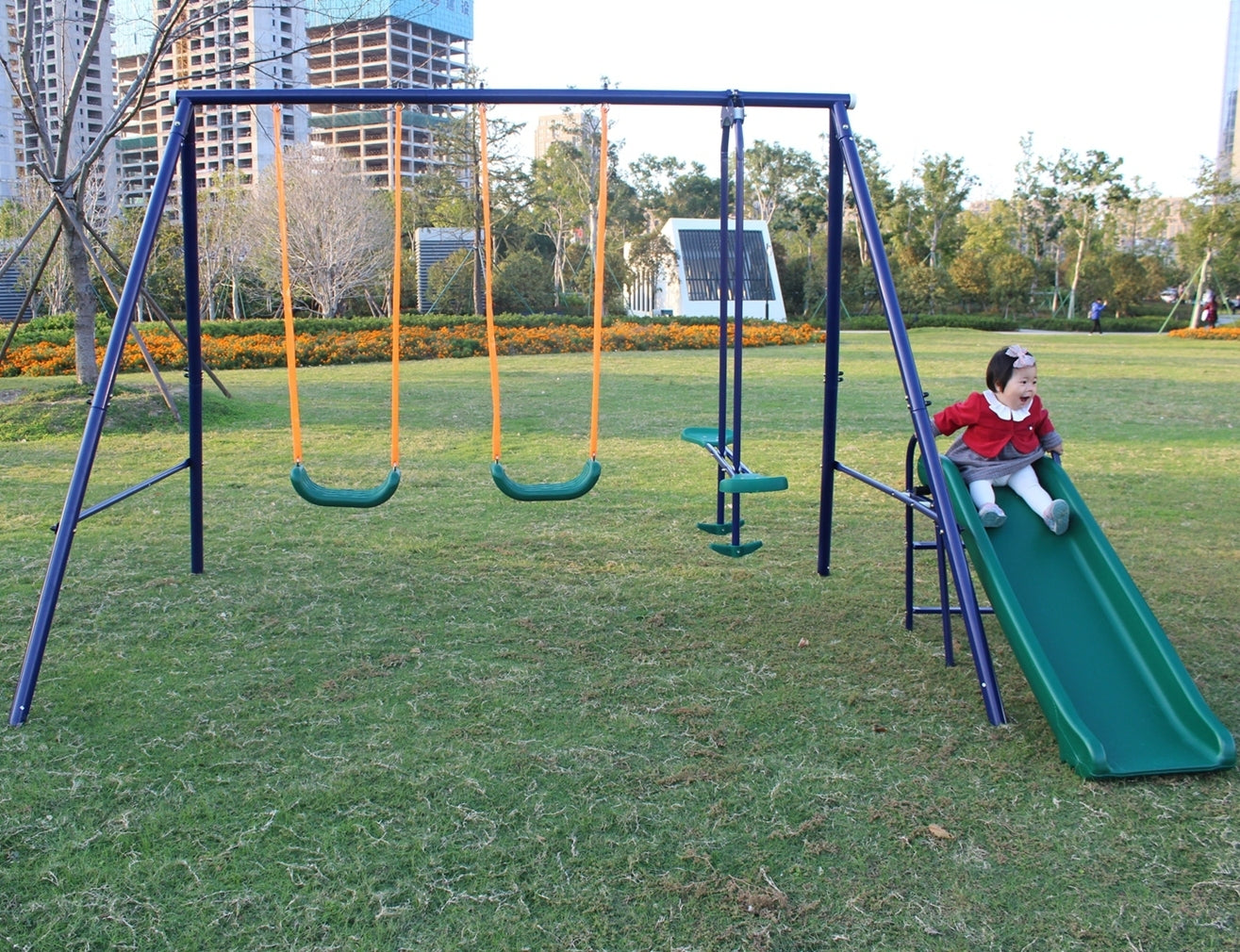 A-Frame Metal Swing Set w/ Slide (Blue, Green, Orange)