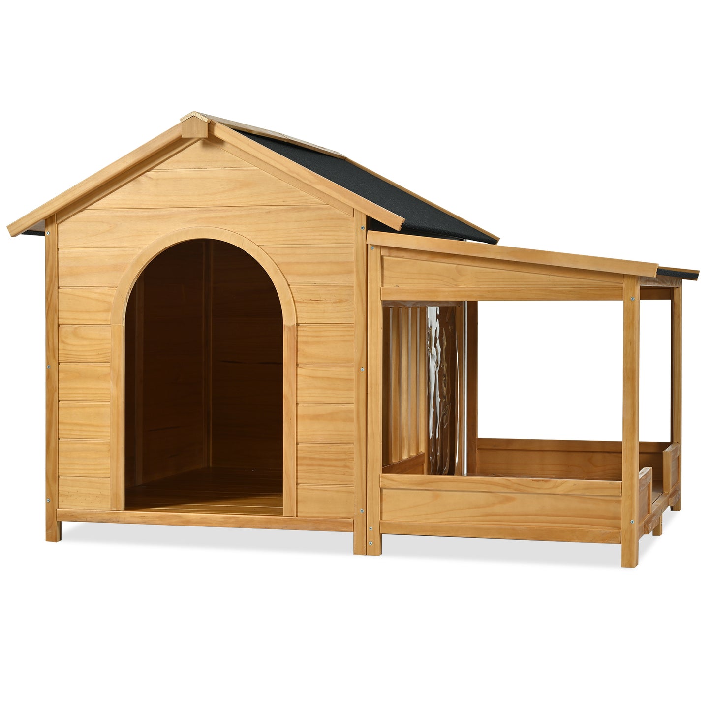 60.2" Large Wooden Dog House with Porch, Cabin Style Dog Crate with Asphalt Roof and Elevated Floor, Dog Kennel with Side Window and Doors, Perfect for Medium & Large Dogs, Nature