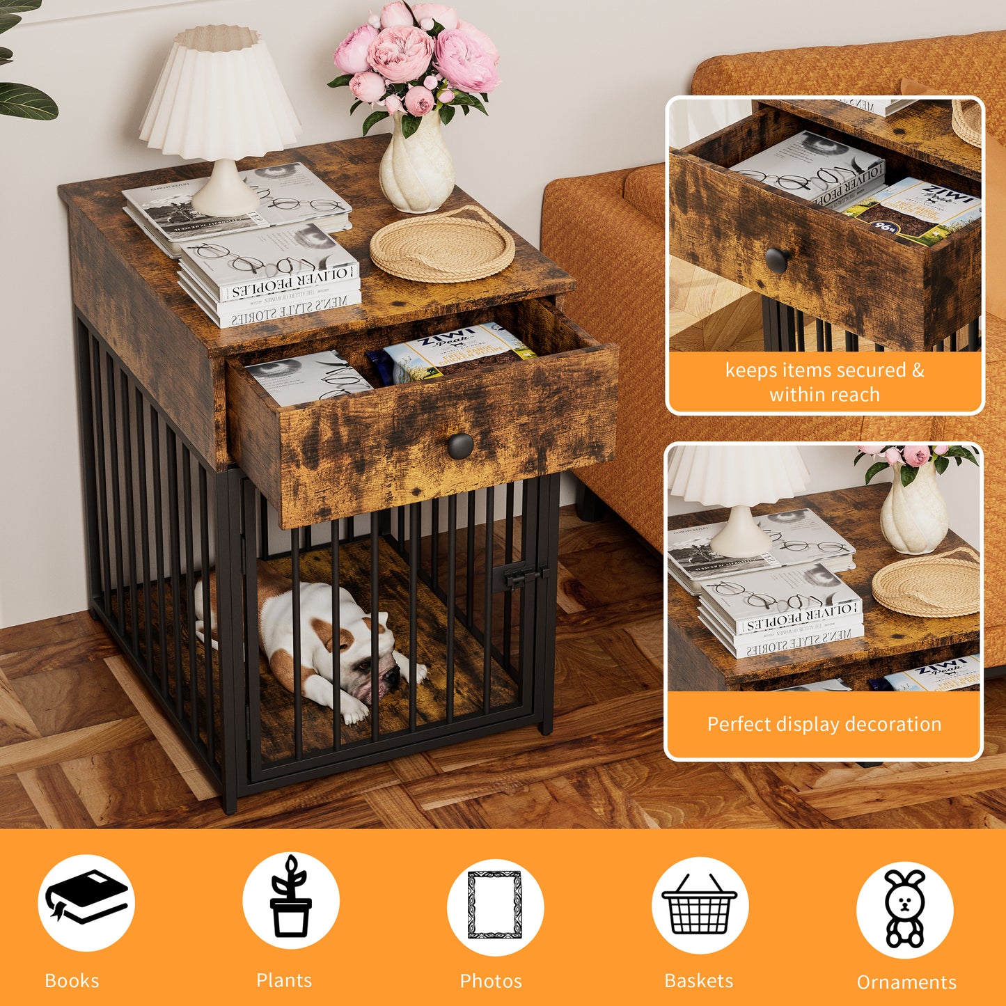 Dog Crate Furniture, Dog House, Decorative Dog Kennel with Drawer, Indoor Pet Crate End Table for Small Dog, Iron-Tube Dog Cage, Chew-Proof