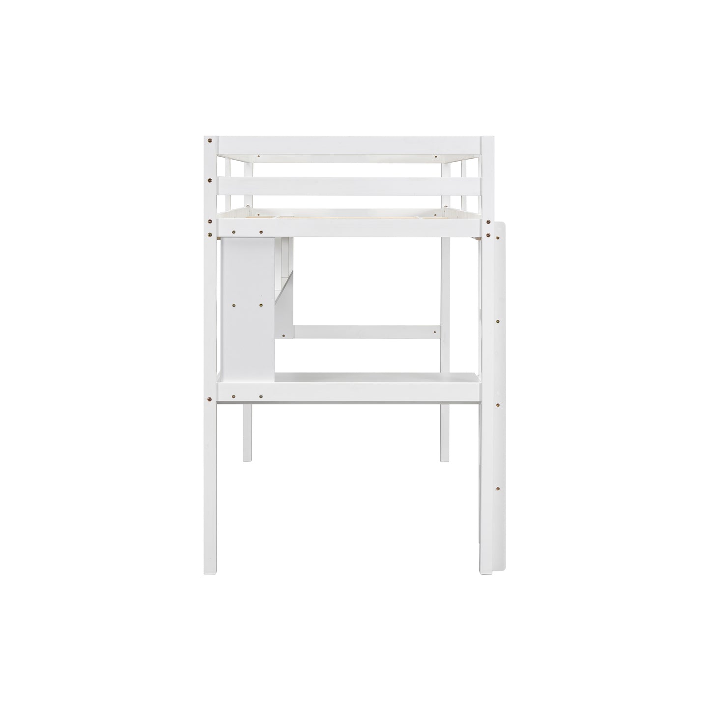 Twin Size Loft Bed with desk and shelves, Safety Guardrail and ladder,White