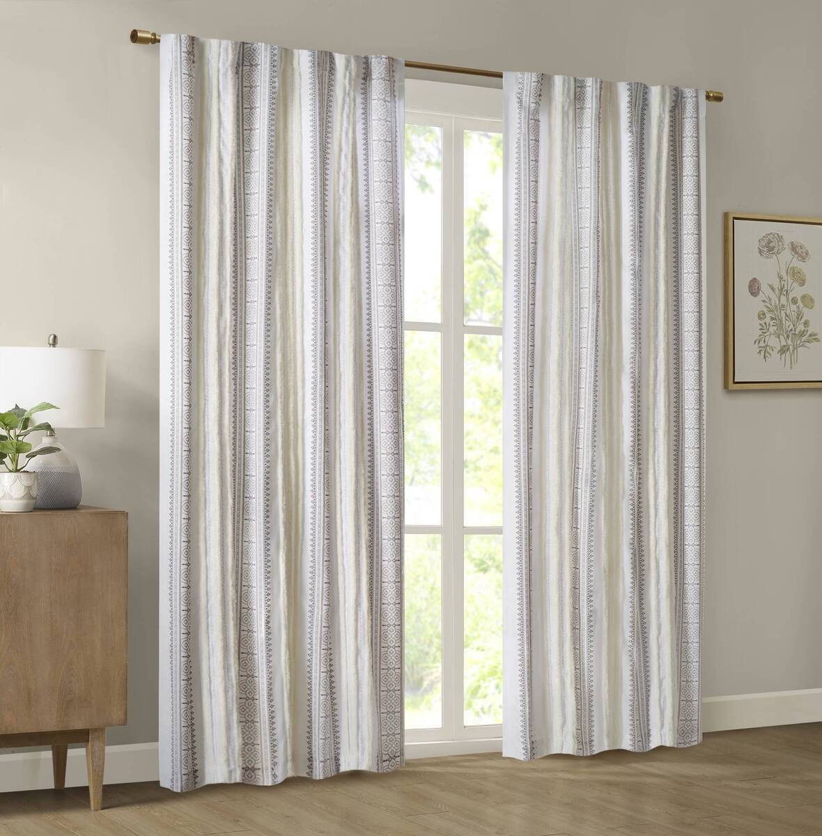 Poly Printed Curtain Panel with Tufted Stripe and Lining White/Brown 50x95'