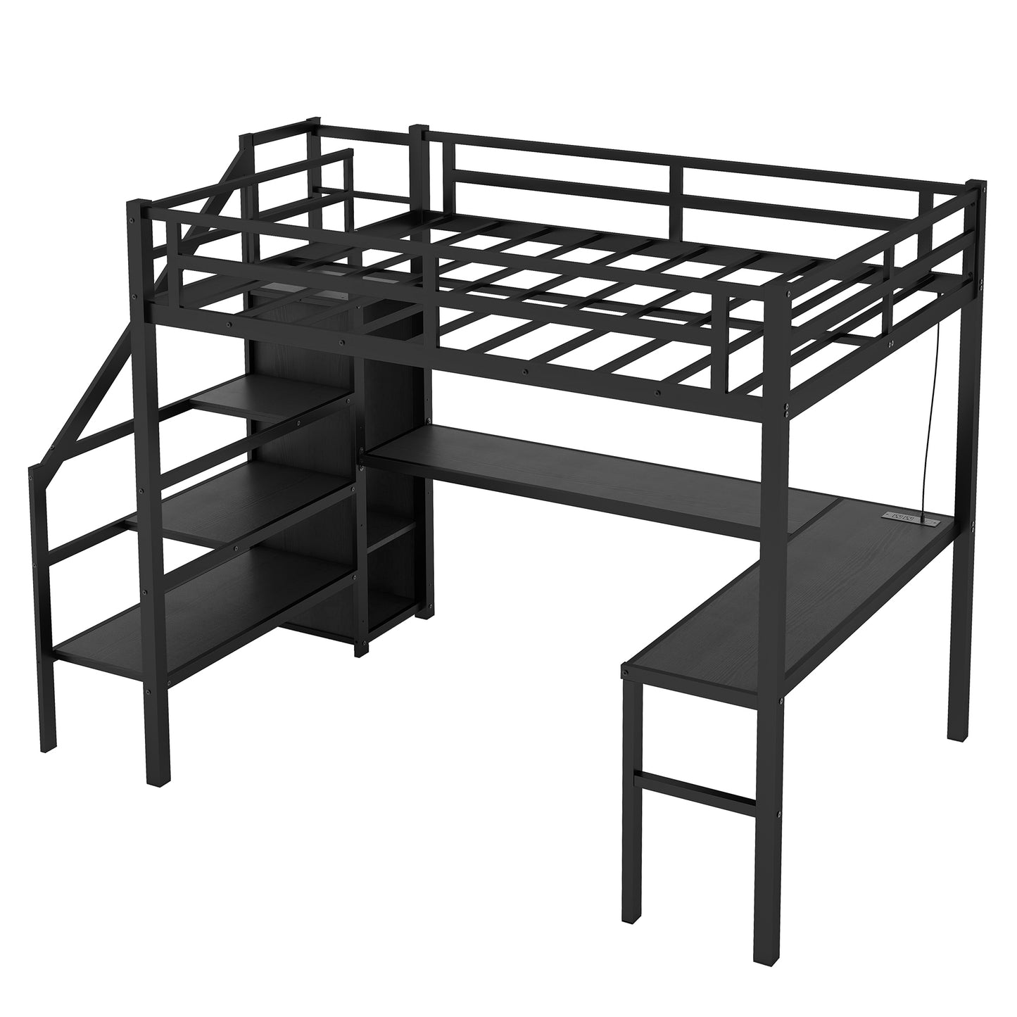 Full Size Loft Bed with L-shaped Desk and USB, Metal Loft Bed with Wardrobe and Adjustable Shelf, High Loft Bed with LED for Kids Teens Adults, Black