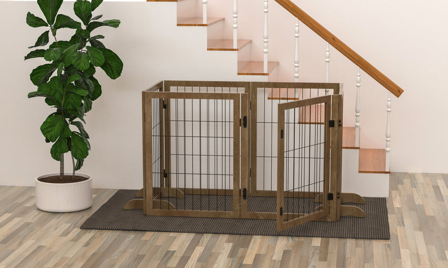 Dog Gate with Door Pet Dog Fence Barrier 6 Panels 144-inch Wide 32-inch Tall Foldable Multiple Shapes Freestanding with Support Feet Indoor Use for House Doorway Stairs Plant Stand