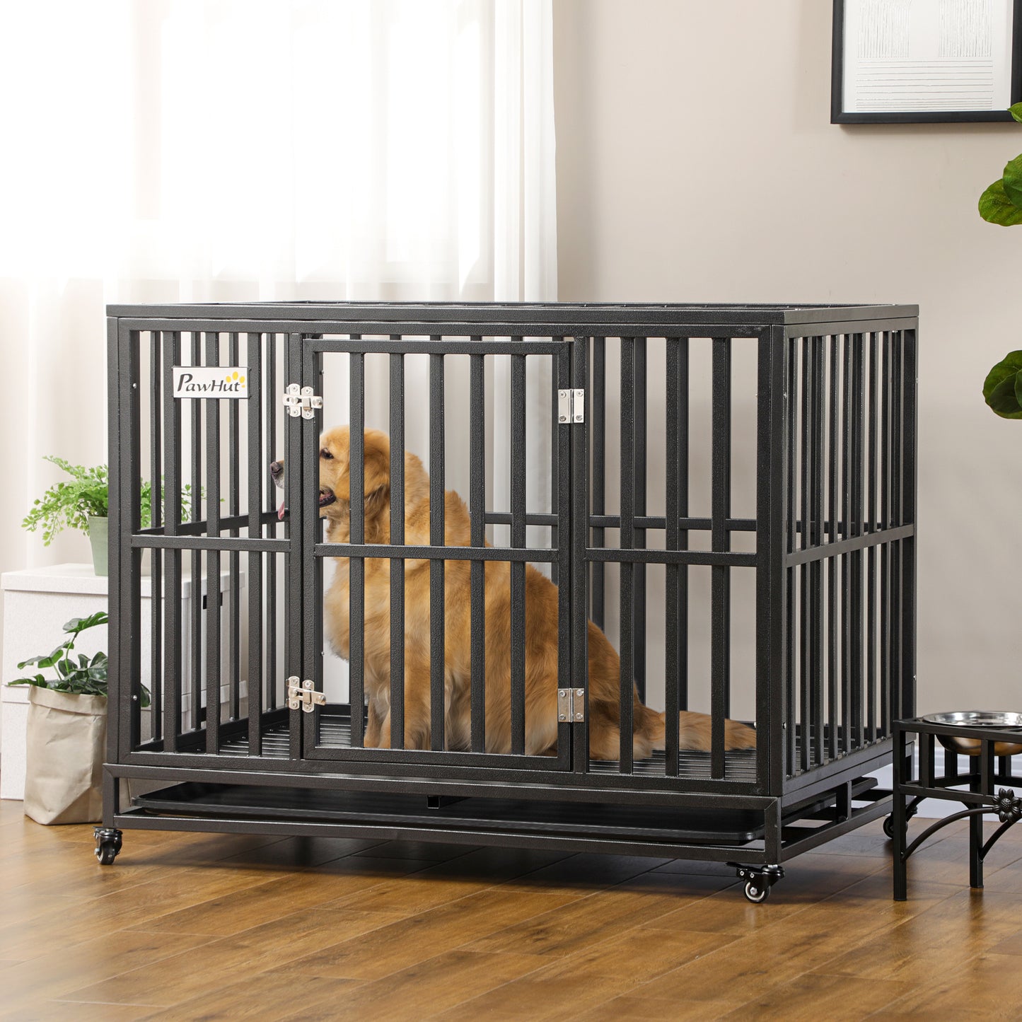 PawHut Heavy Duty Dog Crate Metal Kennel and Cage Dog Playpen with Lockable Wheels, Slide-out Tray and Anti-Pinching Floor, 45" x 29.5" x 35"