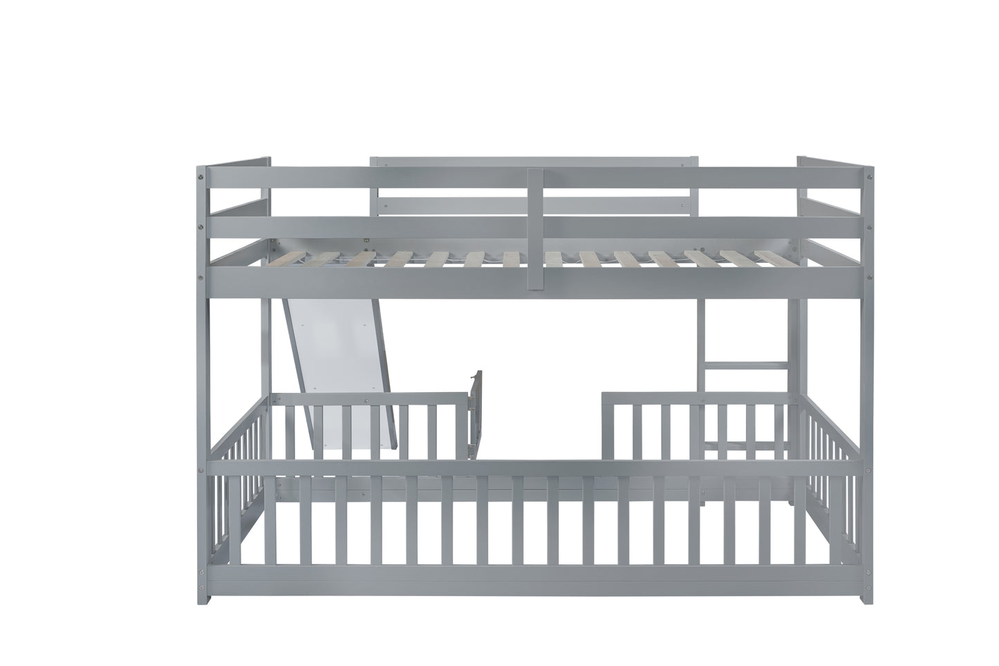 Twin Over Twin Floor Bunk Bed with Slide, Ladder, Door, Safety Guardrails, Solid Pine Wood Bunk Bed ,Grey