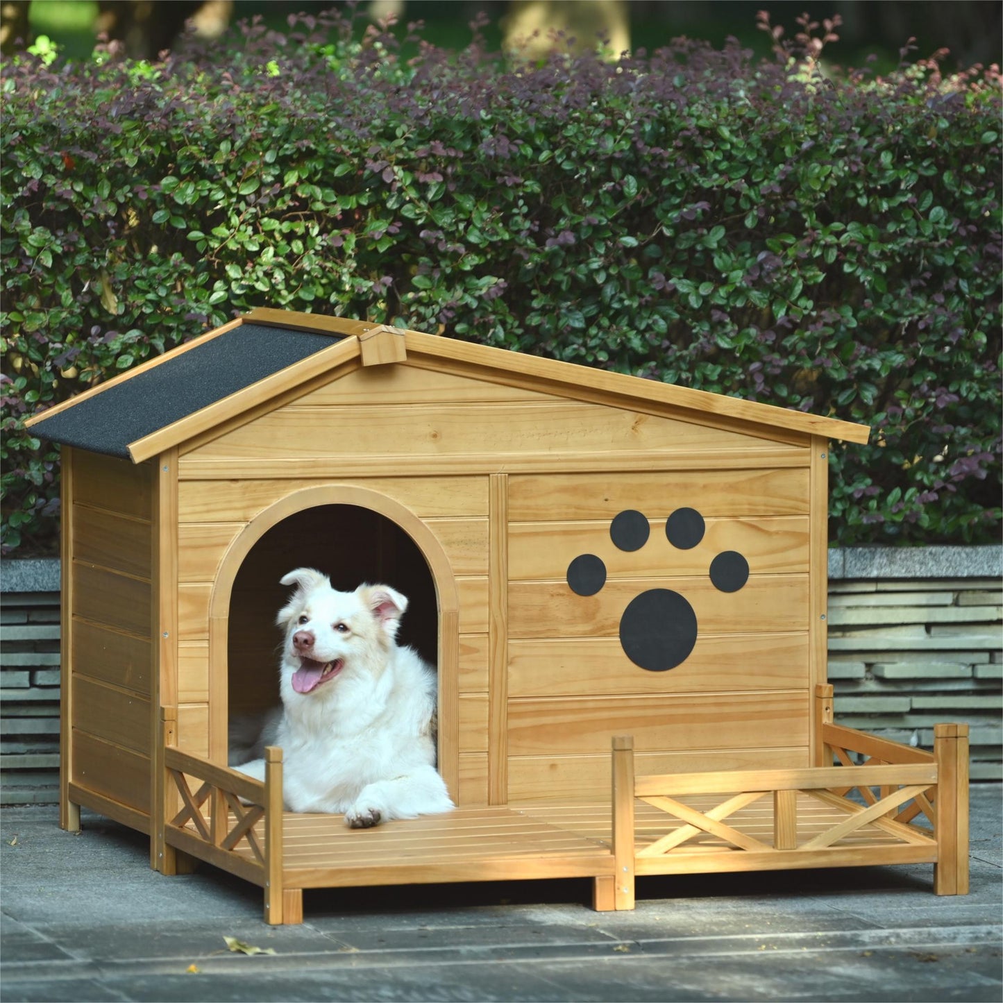 48" Wooden Dog House Outdoor with Porch, Dog Kennel with Water-Resistant Asphalt Roof and Fencing,Indoor & Outdoor Dog Crate with Paw Print, Medium, Nature