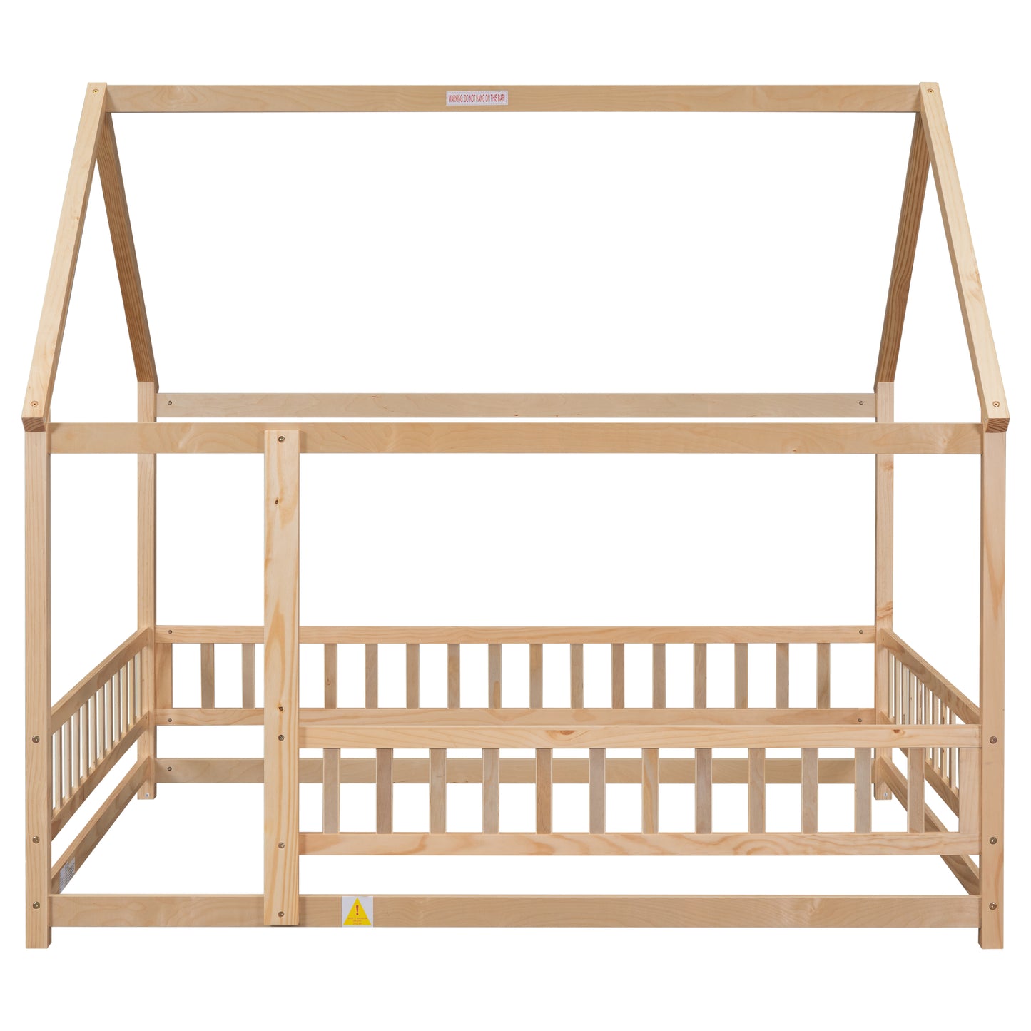 Full Size Floor Wooden Bed with House Roof Frame, Fence Guardrails ,Nartural(Old SKU:W504105242)