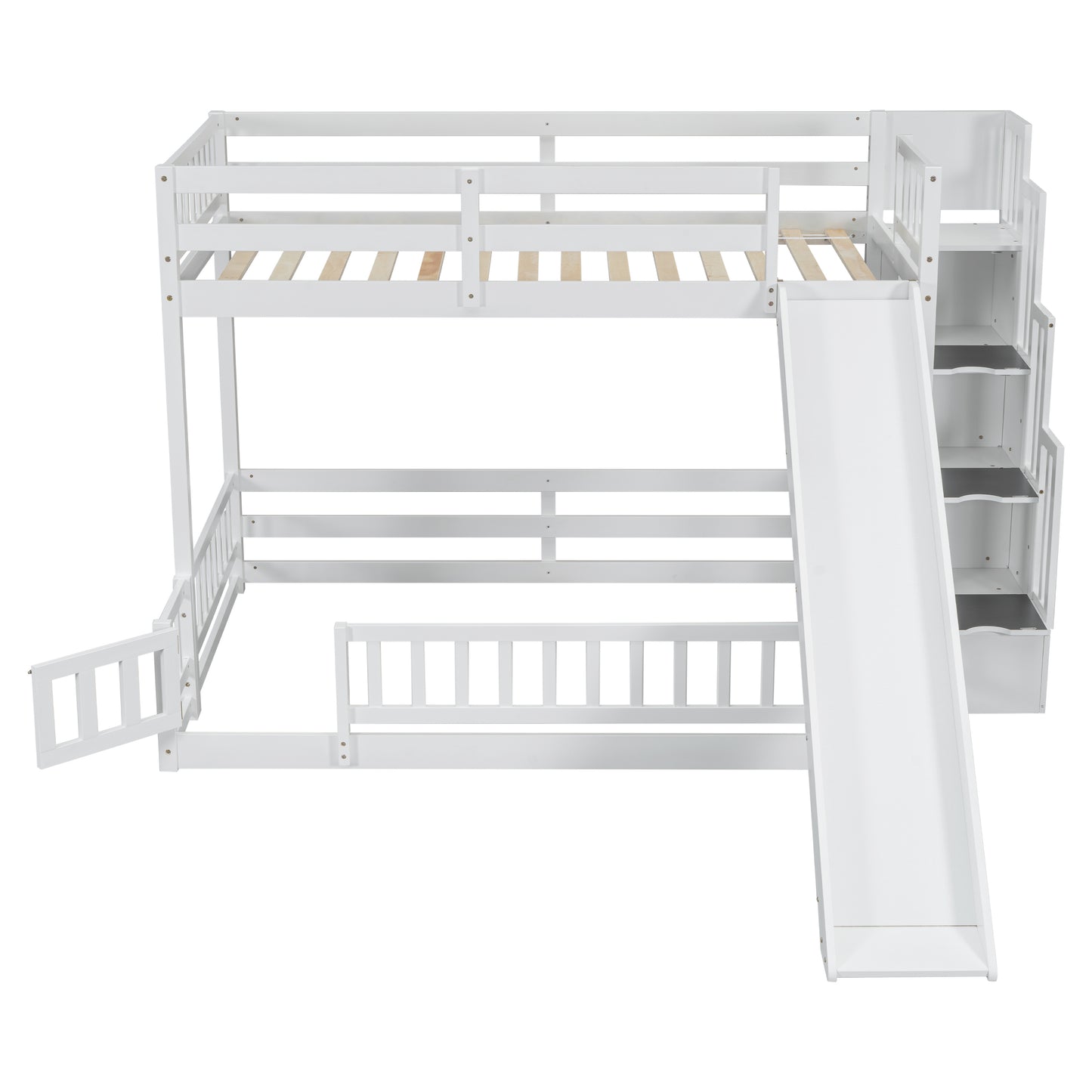 Twin Over Full Bunk Bed with Slide, Storage Staircase, Pine Solid Wooden Bunk Bed with Safety Guardrails,White