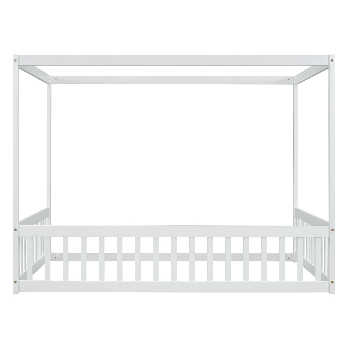 Full Size Canopy Frame Floor Bed with Fence, Guardrails,White