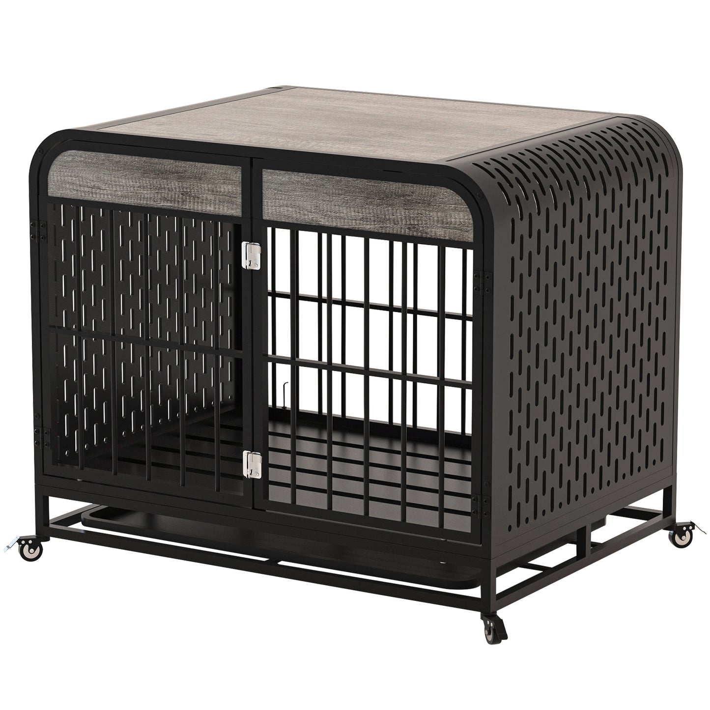 Heavy Duty Dog Crate Furniture Wooden Table Pet Dog Cage Kennel House Indoor Side End Table Decor with Removable Trays and Lockable Wheels for Small Dogs 33" Grey