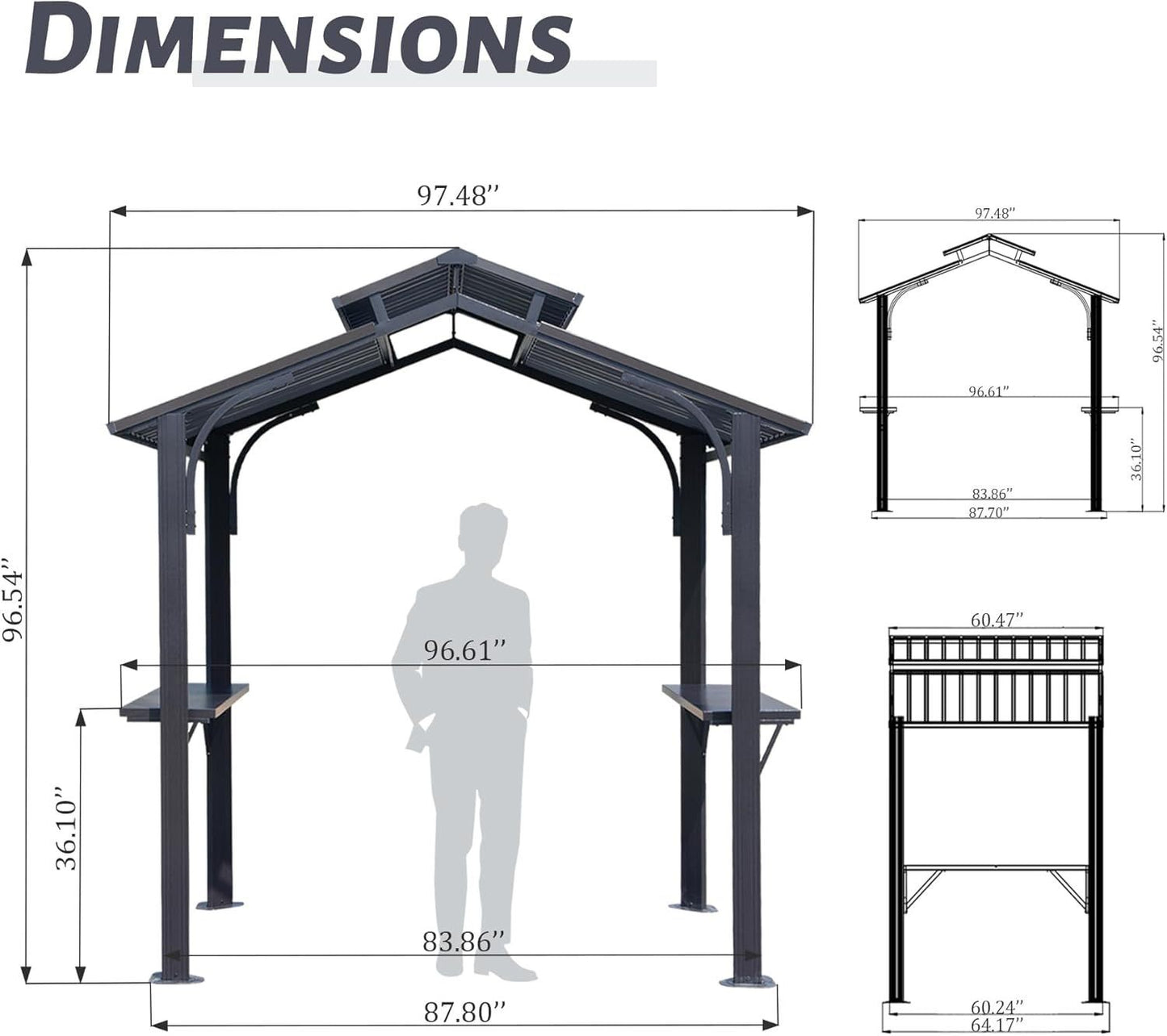 8×5FT Hardtop Grill Gazebo, Outdoor BBQ Gazebo w/Galvanized Steel Double Roof, Permanent Sun Shade Grill Canopy Shelter with 2 Side Shelves and Ceiling Hook for Patio Deck Yard Garden (Grey)