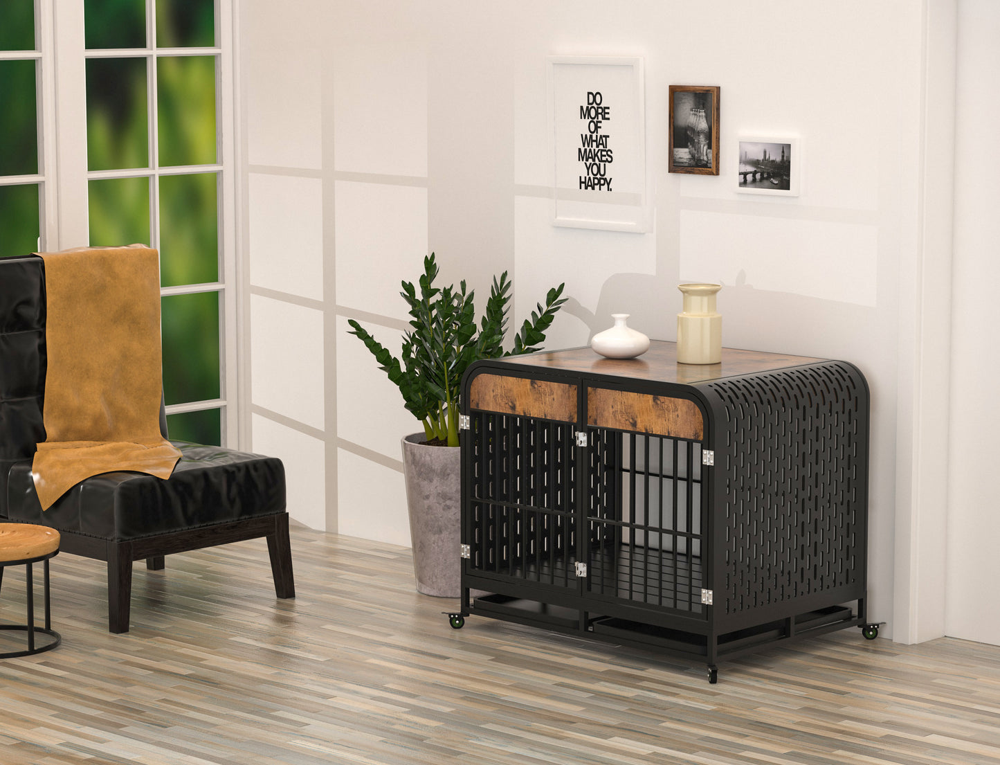 Heavy Duty Dog Crate Furniture Wooden Table Pet Dog Cage Kennel House Indoor Side End Table Decor with Removable Trays and Lockable Wheels for Medium and Large Dogs 42" Brown