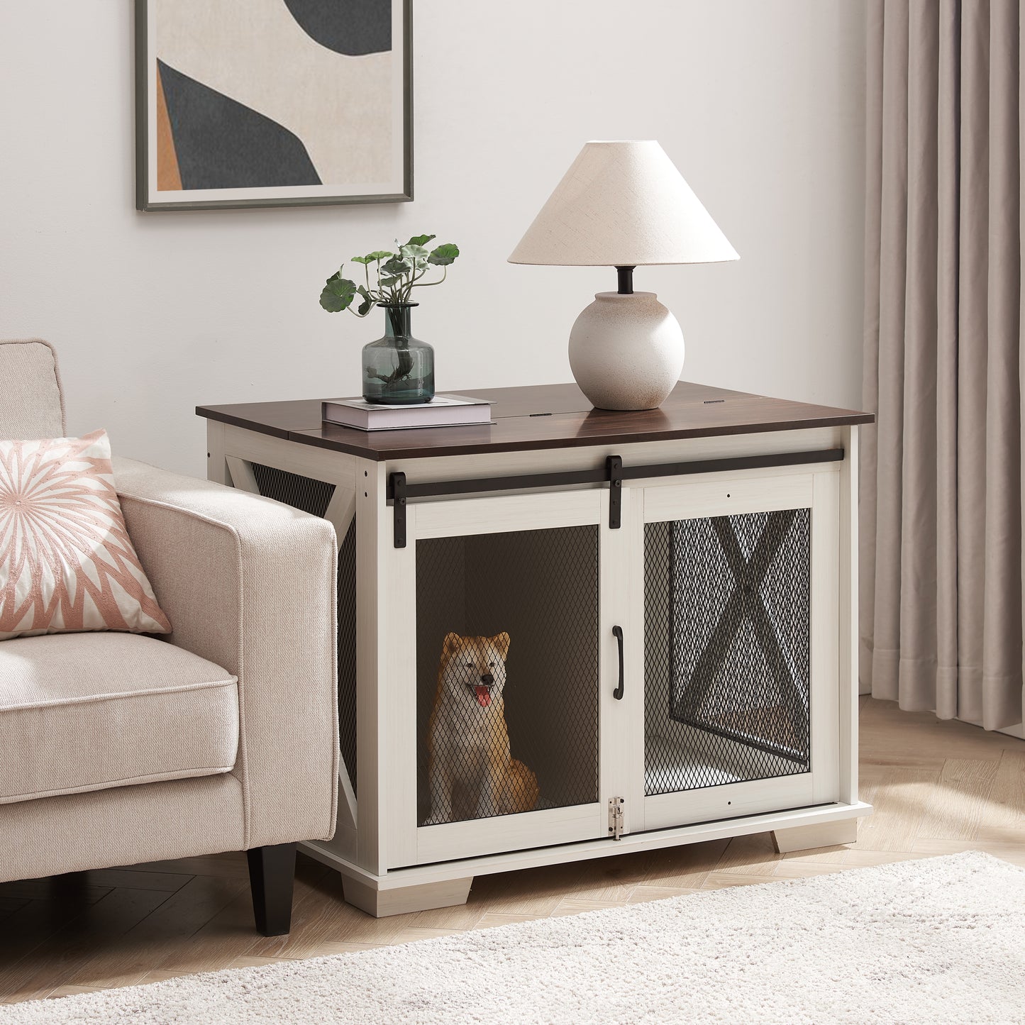 Farmhouse Dog Cage Crate Furniture with Sliding Barn Door,  Farmhouse Wooden Dog Kennel End Table with Flip-top Plate Dog House with Detachable Divider for Small/Medium/Large Dog White