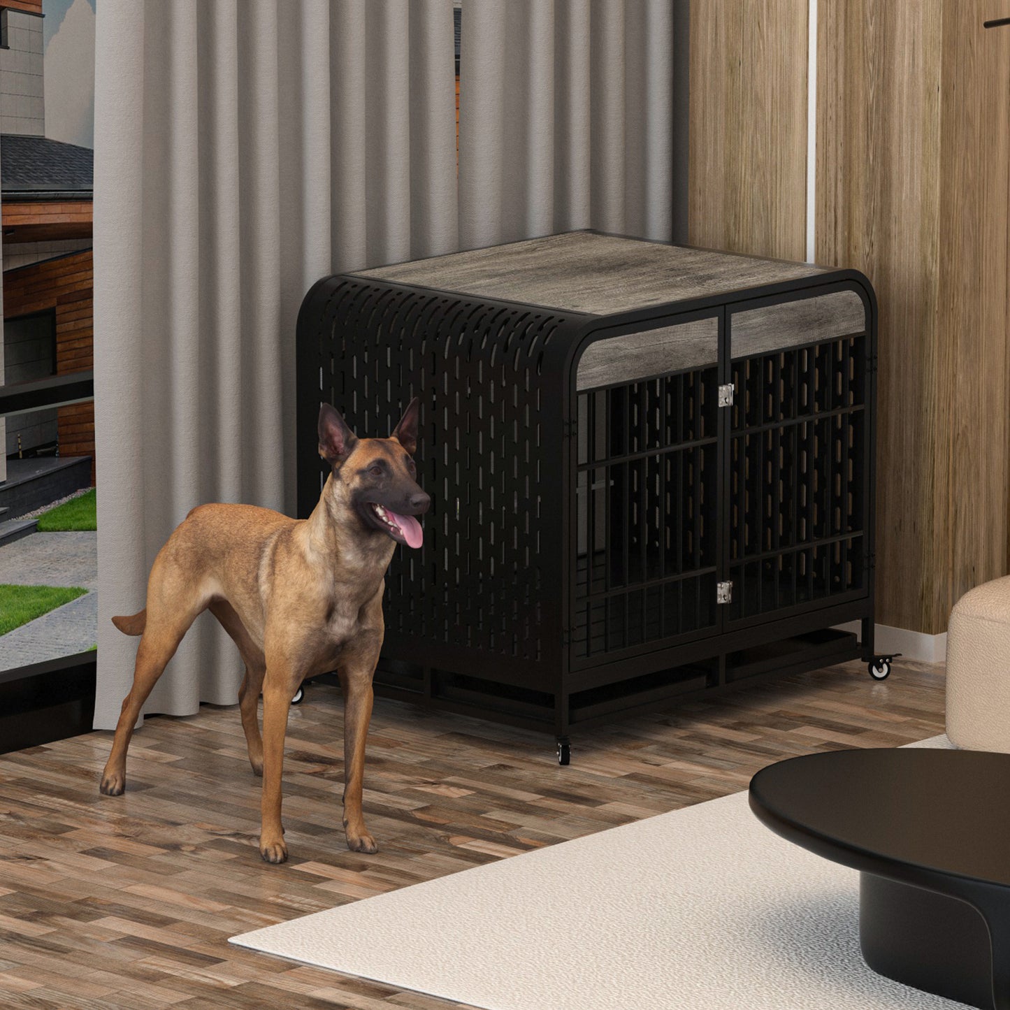 Heavy Duty Dog Crate Furniture Wooden Table Pet Dog Cage Kennel House Indoor Side End Table Decor with Removable Trays and Lockable Wheels for Medium and Large Dogs 42" Grey