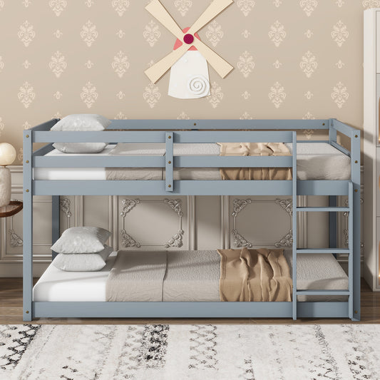 Solid Wooden, Solid Rubber Wooden Twin over Twin Loft Bed with Ladder, with Bed Platform of Strengthened Slats , Grey