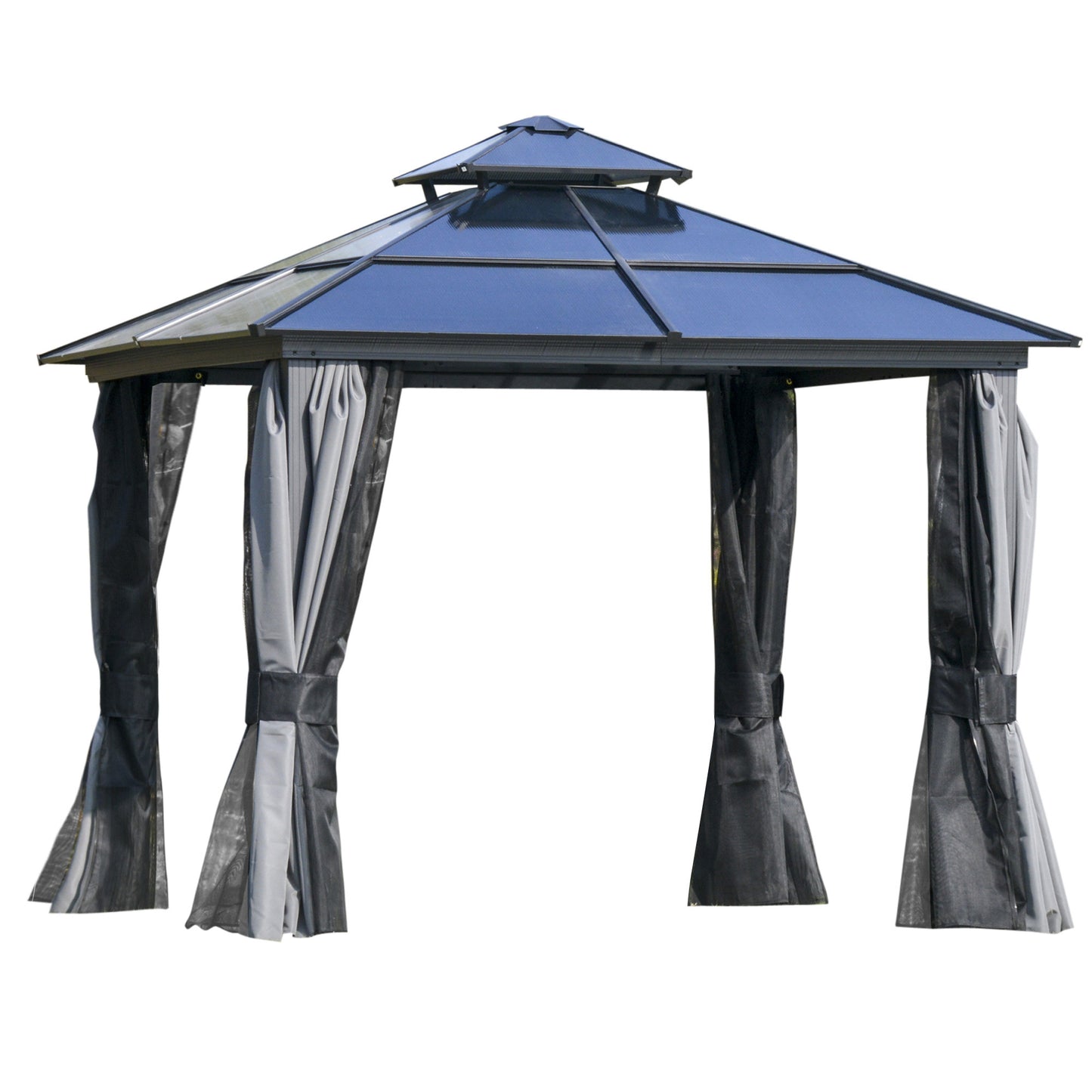 10' x 10' Hardtop Gazebo Canopy with Polycarbonate Double Roof, Aluminum Frame, Permanent Pavilion Outdoor Gazebo with Netting and Curtains for Patio, Garden, Backyard, Deck, Lawn, Gray