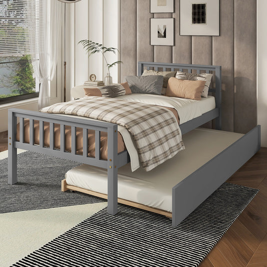 Twin Bed with Trundle, Platform Bed Frame with Headboard and Footboard, for Bedroom Small Living Space,No Box Spring Needed,Grey(Old SKU:W50422210)