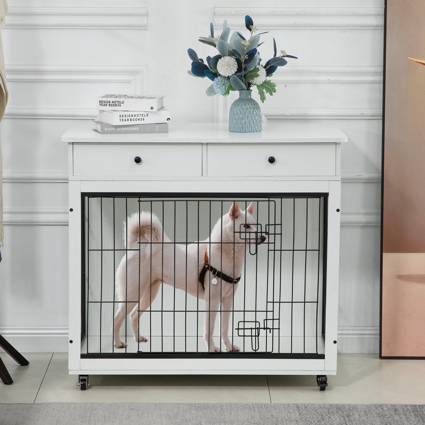 Dog Crate Furniture, Wooden Dog Crate End Table, 38.4 Inch Dog Kennel with 2 Drawers Storage, Heavy Duty Dog Crate, Decorative Pet Crate Dog Cage for Large Indoor Use (White) 38.4" L×23.2" W×35" H