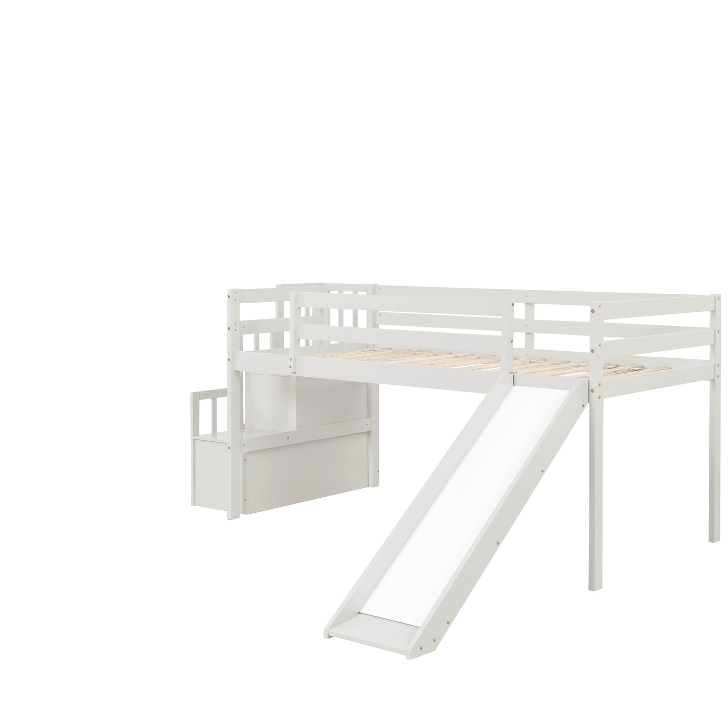 Loft Bed with Staircase, Storage, Slide, Twin size, Full-length Safety Guardrails, No Box Spring Needed, White (Old Sku:W504S00004)