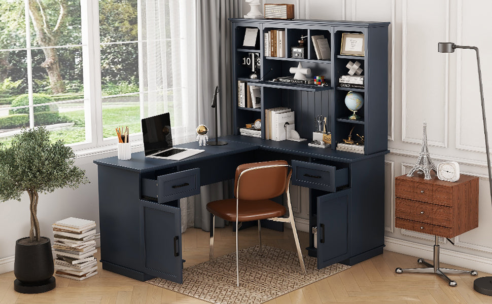 L-shaped computer desk with 2 cabinets and 2 drawers underneath the table, 11 open shelves and a flip-up shelf with storage on the right side, suitable for study, living room and office, Antique Blue