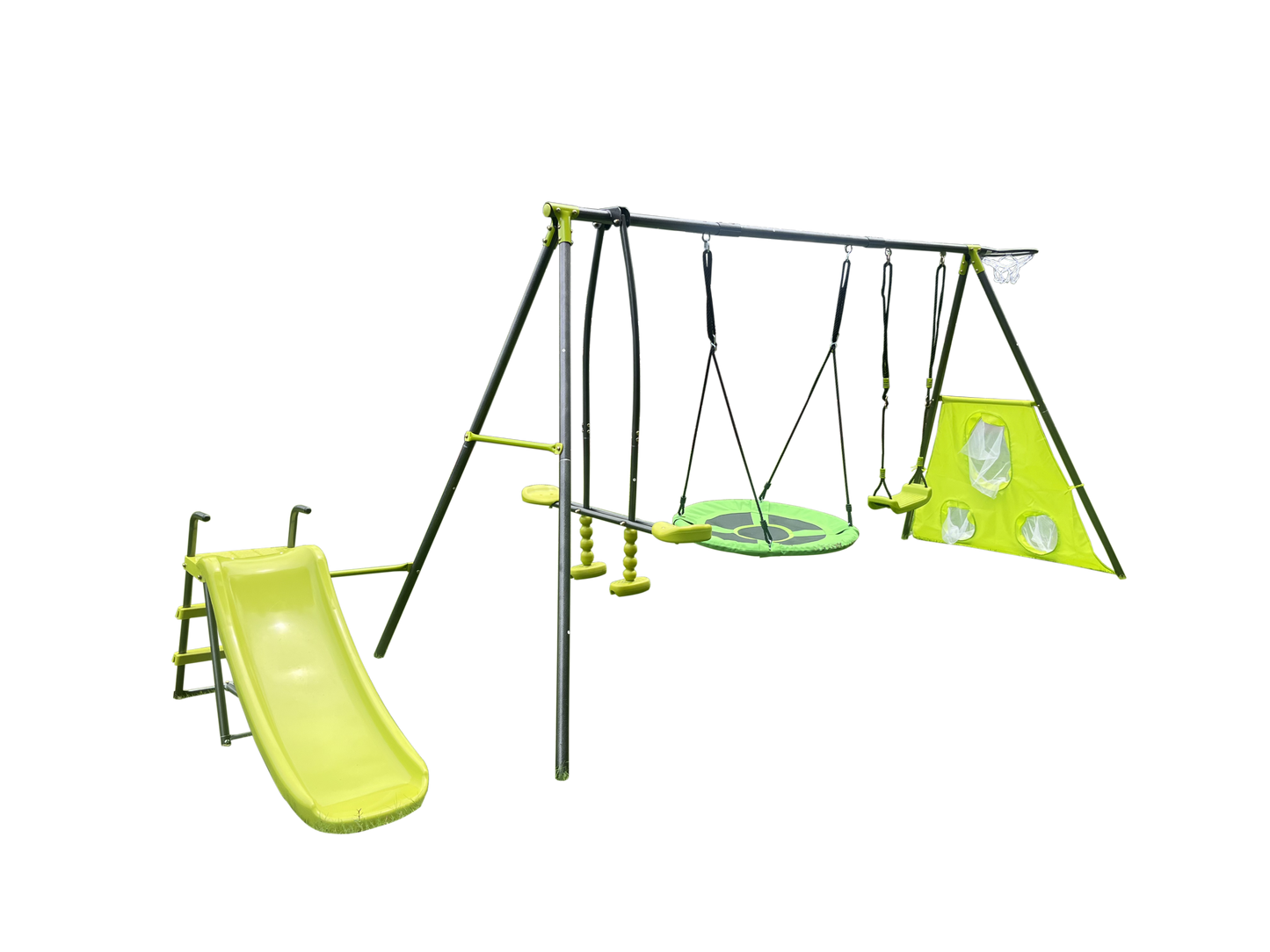 XNS052 green and blue interesting six function swingset with net swing metal plastic safe swing set 440lbs for outdoor playground for age 3+ with 31.5in net swing