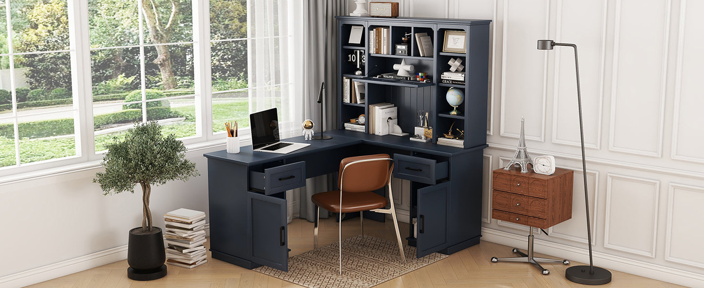 L-shaped computer desk with 2 cabinets and 2 drawers underneath the table, 11 open shelves and a flip-up shelf with storage on the right side, suitable for study, living room and office, Antique Blue