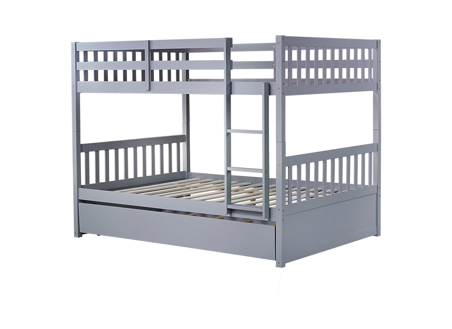 Full Over Full Rubber Wood Bunk Bed with Trundle, Ladder and Guardrails, Convertible to 2 Full Size Beds, with Twin Size Trundle ,Grey(Old Sku:W504S00250)