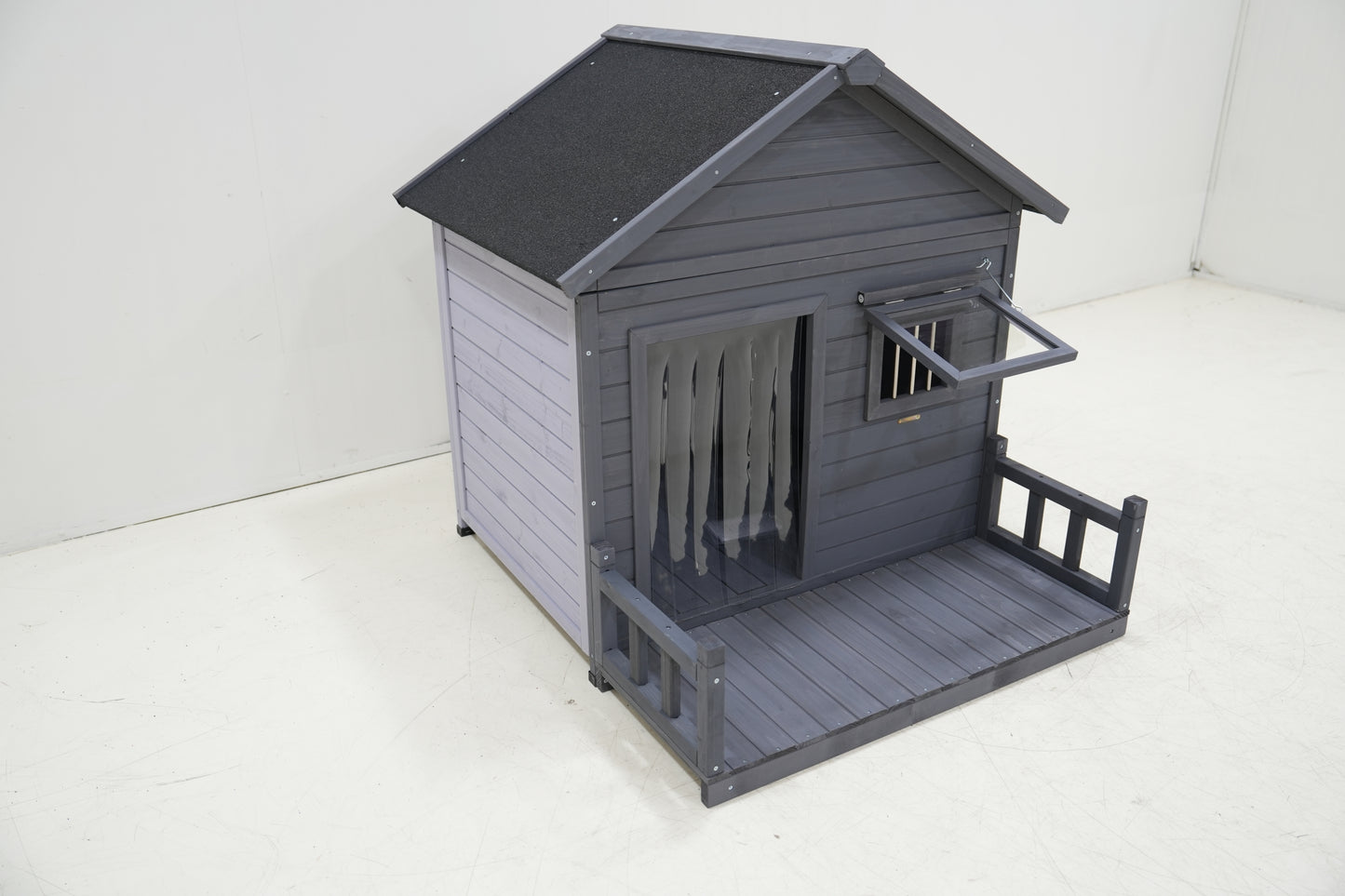 Large dog house, 44.2" long x 44.6" wide x 44.6" high solid wood asphalt roof dog house for large dogs with large terrace, weatherproof large dog house