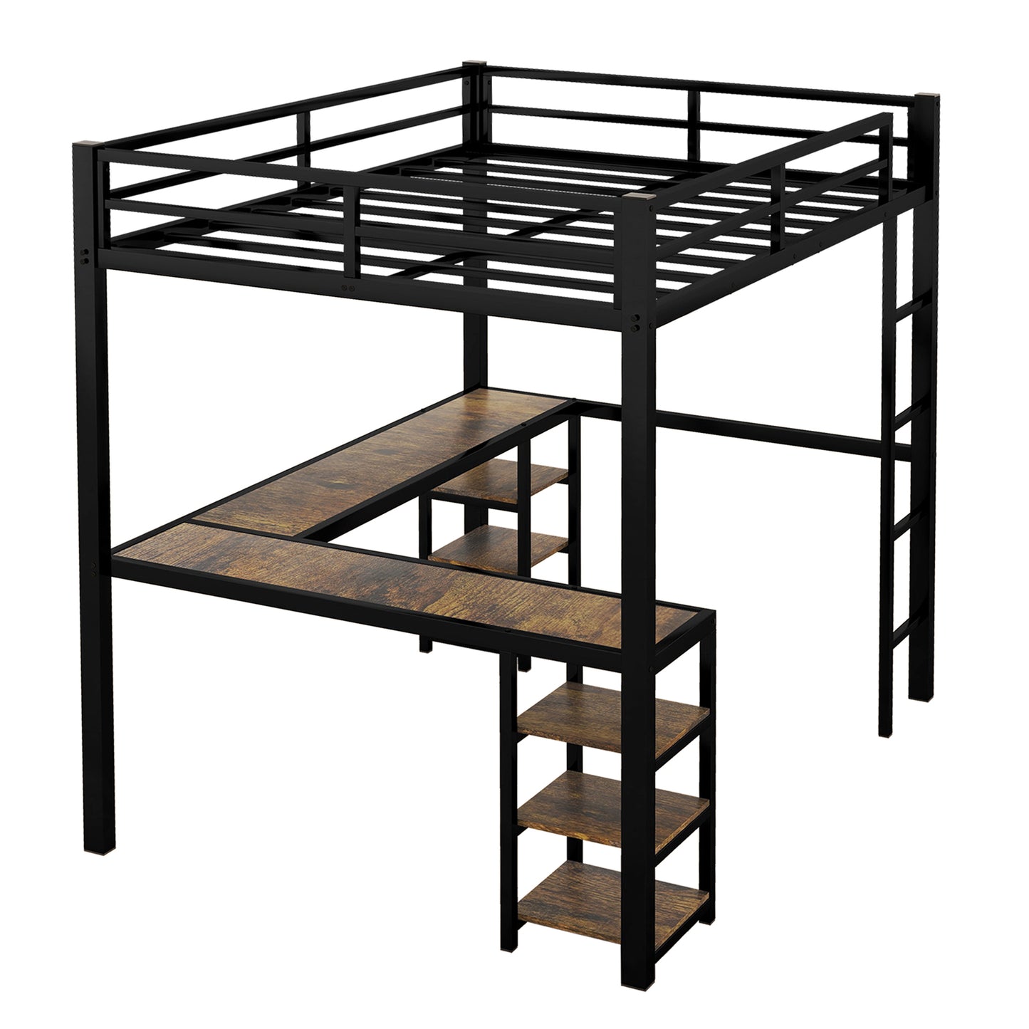 Full XL Metal Loft Bed with Desk and Shelves, Loft Bed with Ladder and Guardrails, Loft Bed Frame for Bedroom, Black