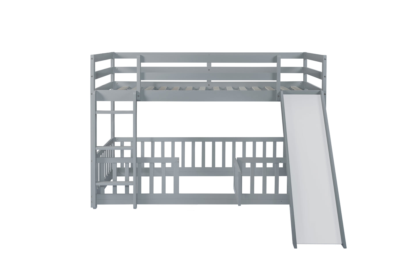 Twin Over Twin Floor Bunk Bed with Slide, Ladder, Door, Safety Guardrails, Solid Pine Wood Bunk Bed ,Grey